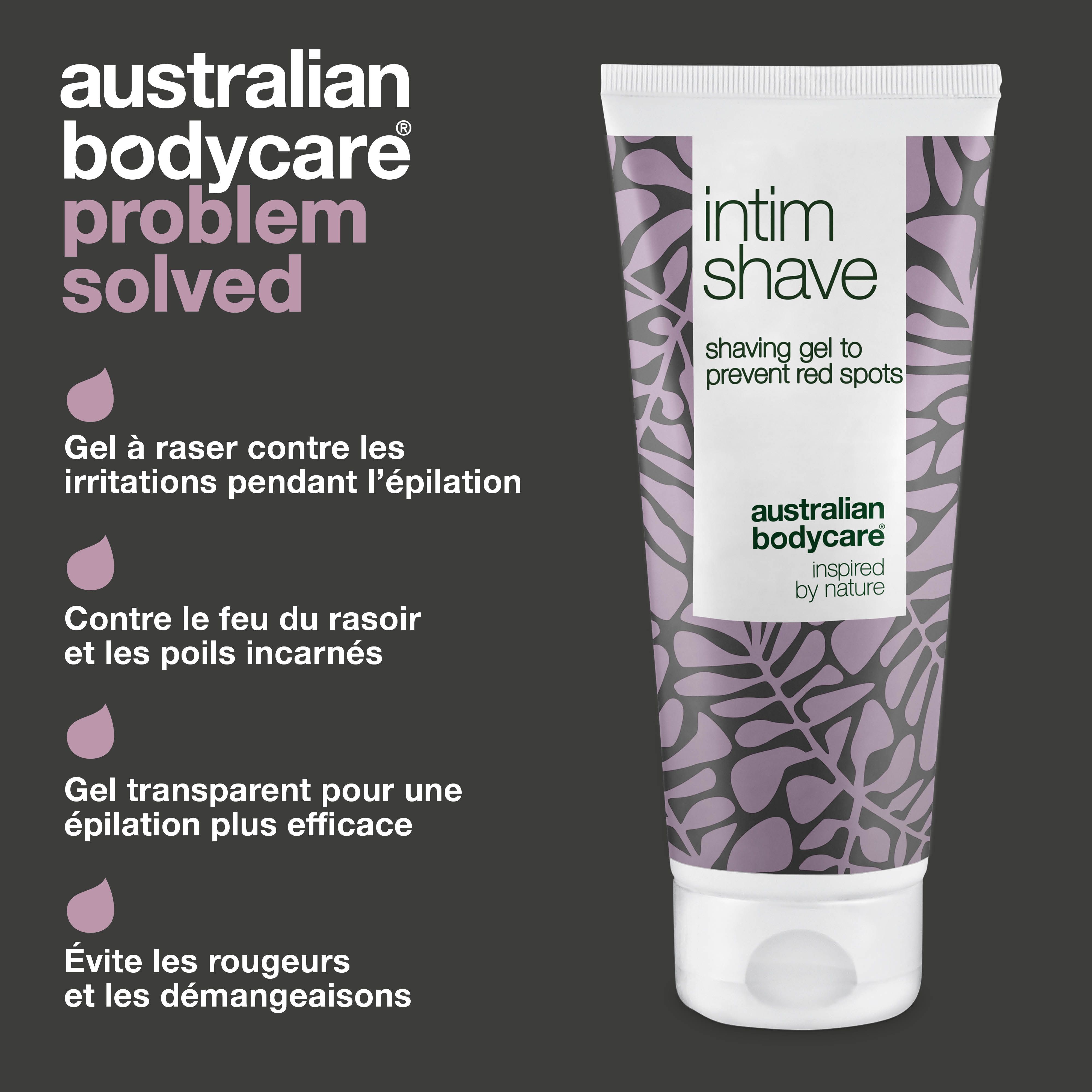 Gel à raser Intim Shave, texte: Australian Bodycare, contre les irritations. Gouttes roses. Texte et flèches.