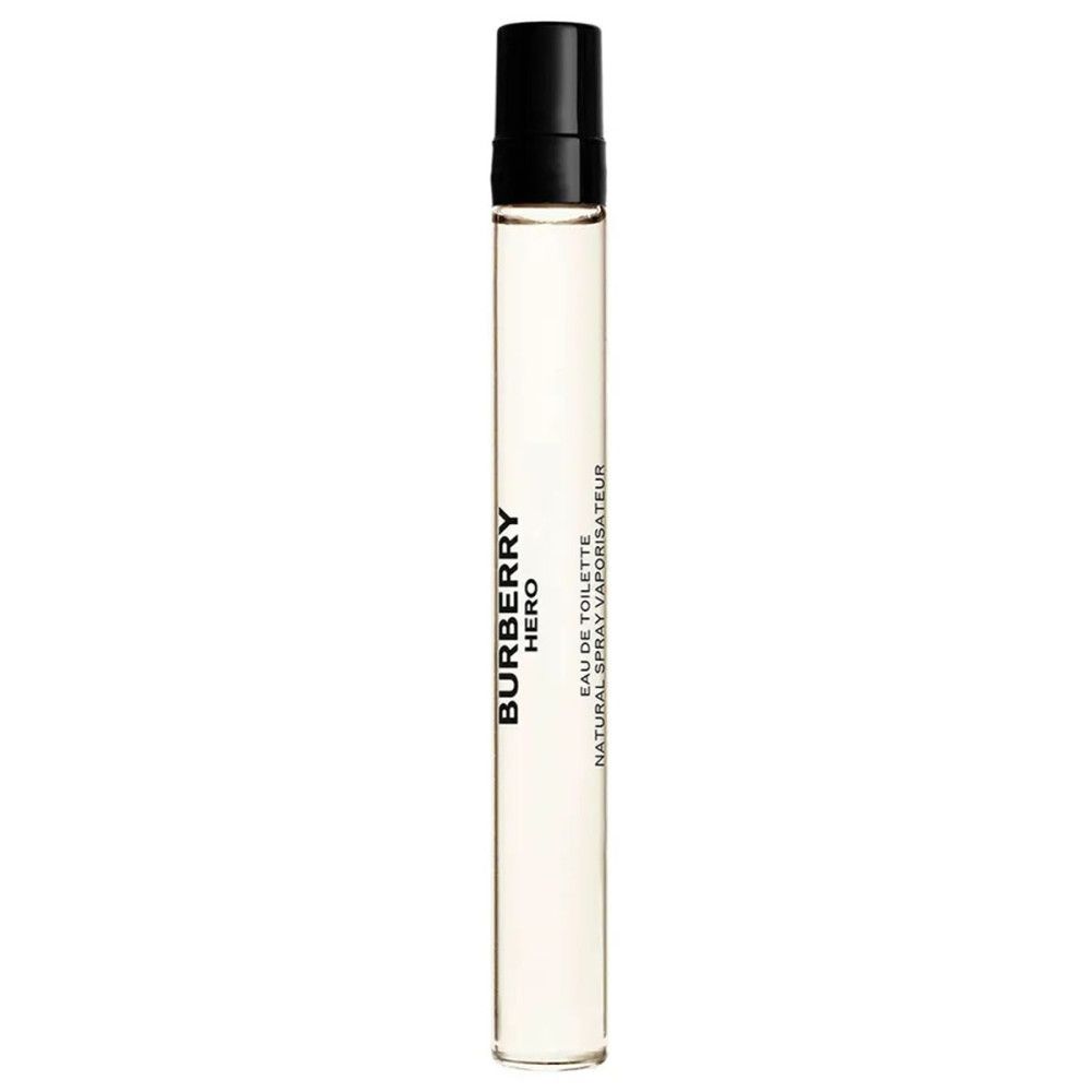 Kleine spray. Opschrift Burberry Hero. Zwarte dop. Eau de Toilette.