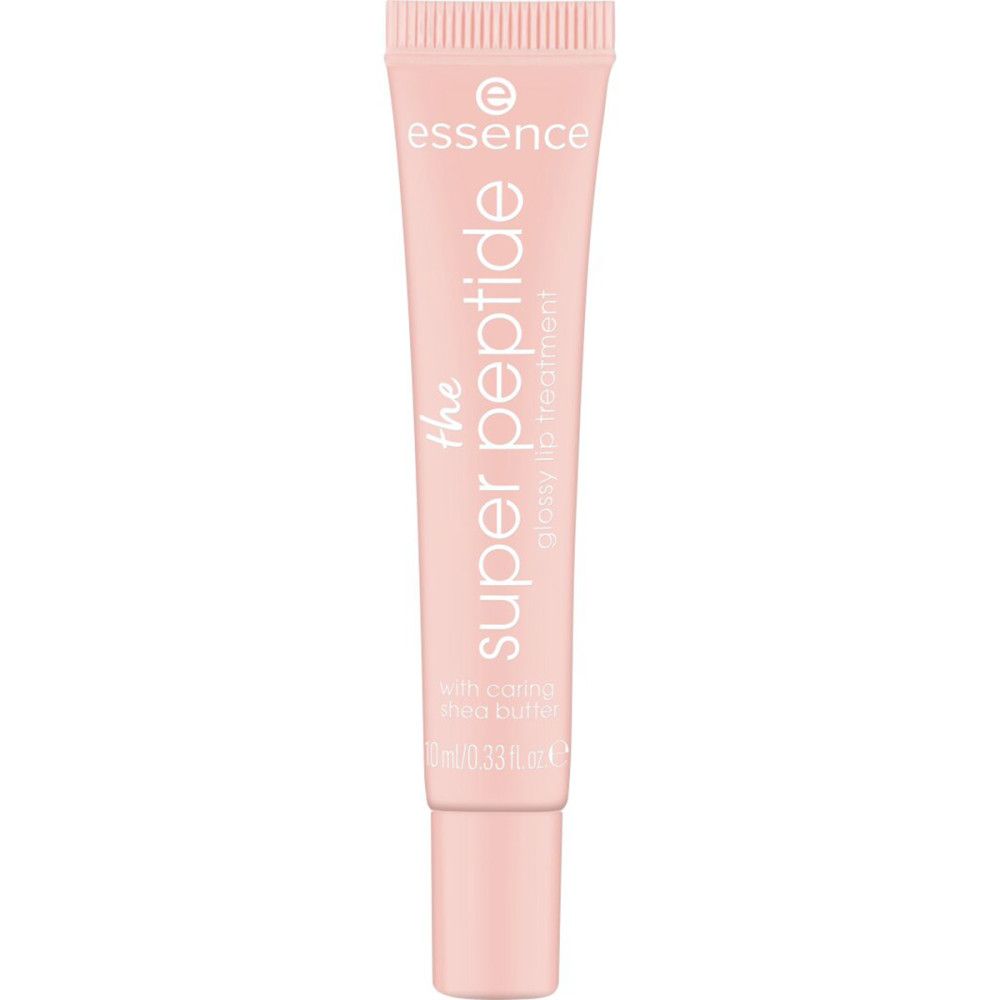 Tube rose avec texte. Inscription: Essence, The Super Peptide, glossy lip treatment. Avec beurre de karité. 10 ml.