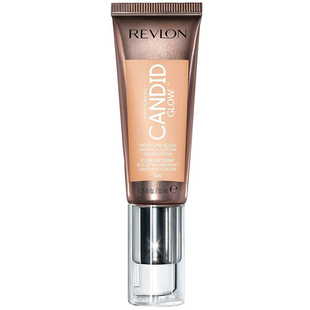 Revlon PhotoReady Candid Glow Foundation. Tube met product. Tekst: CANDID GLOW, Moisture Glow Anti-Pollution, 130.