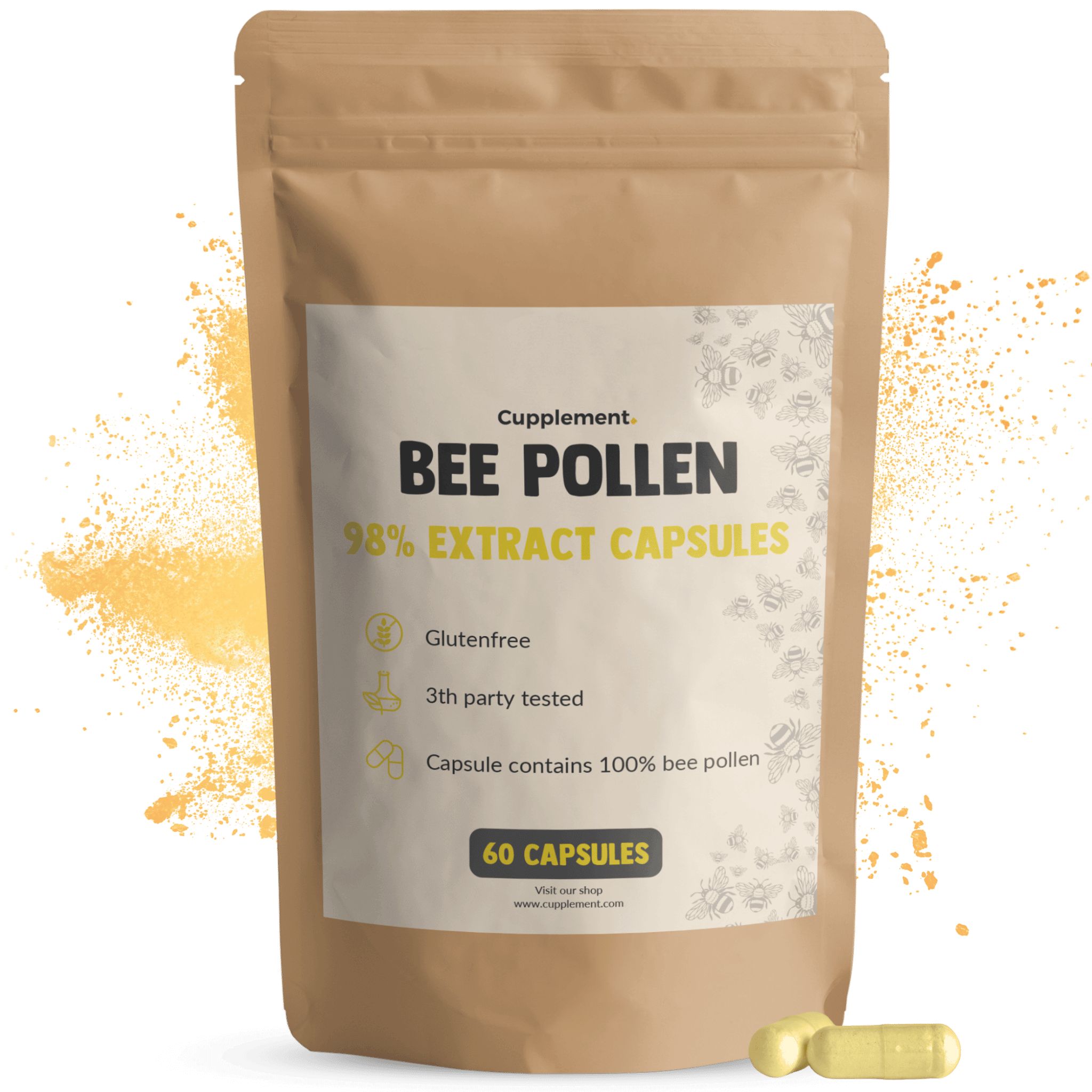 Zakje met capsules. Opschrift: Bee Pollen, 98% Extract Capsules. 60 capsules. Glutenvrij. 3rd party tested.