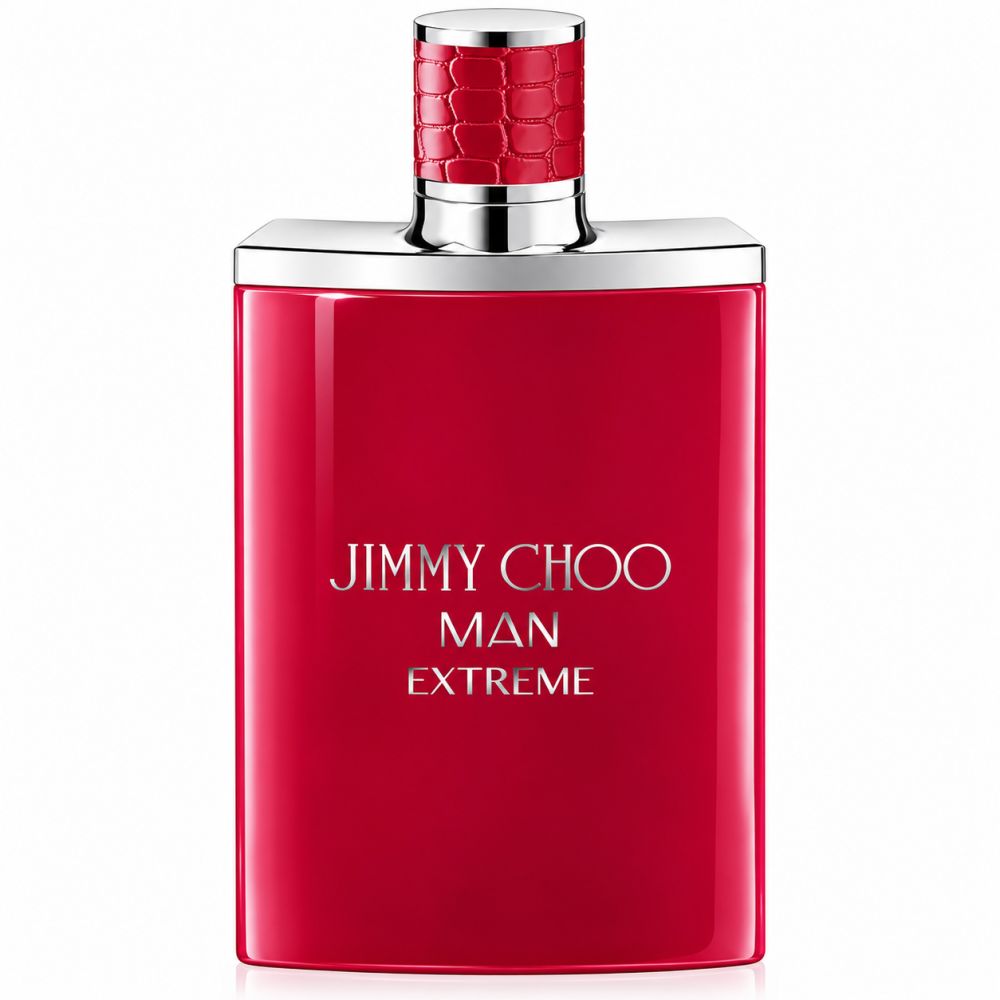 Jimmy Choo Man Extreme Eau de Parfum fles en verpakking. Rode krokodillenleren textuur.