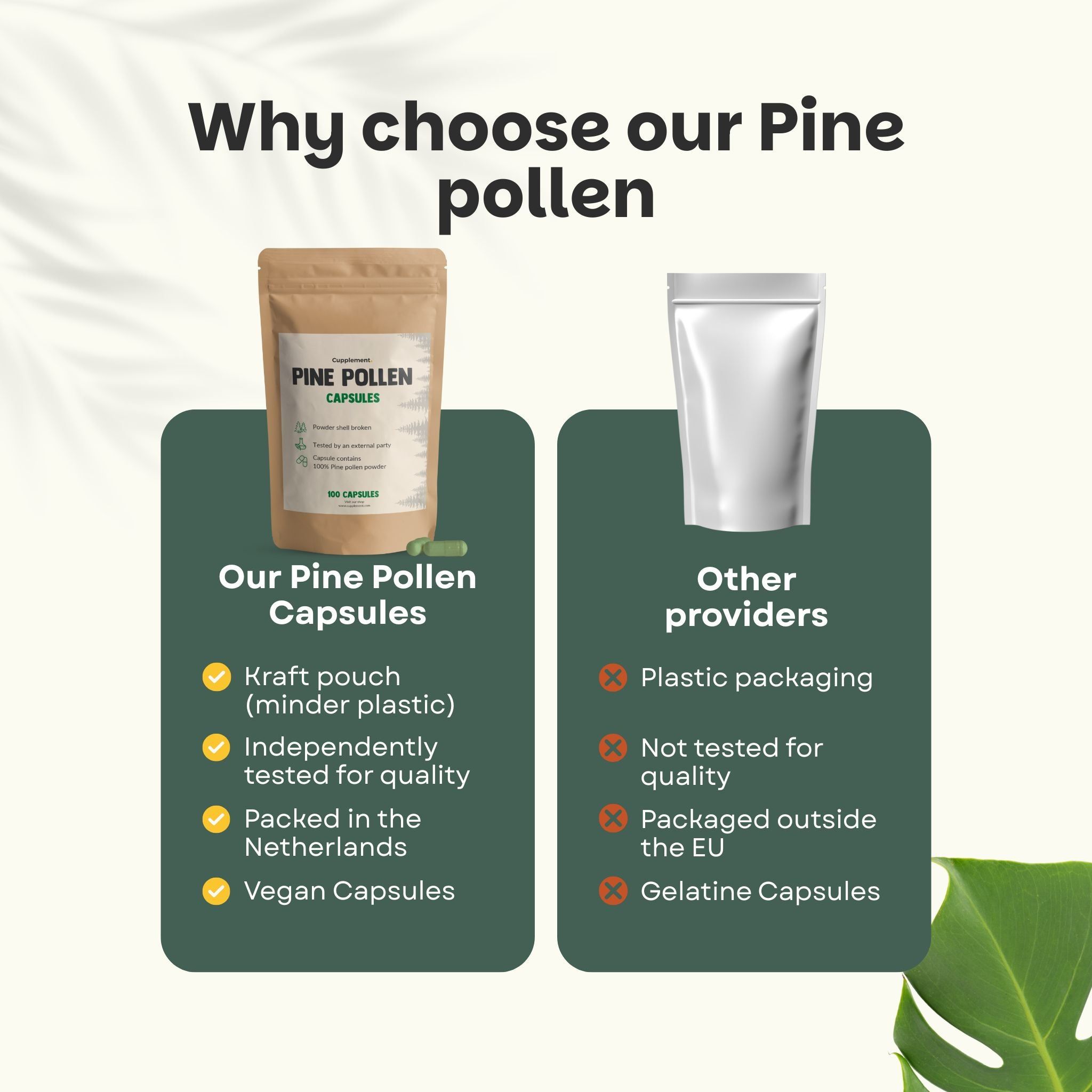 Comparaison : Gélules de pollen de pin en sachet kraft vs. autres fournisseurs en emballage plastique. Végétalien.