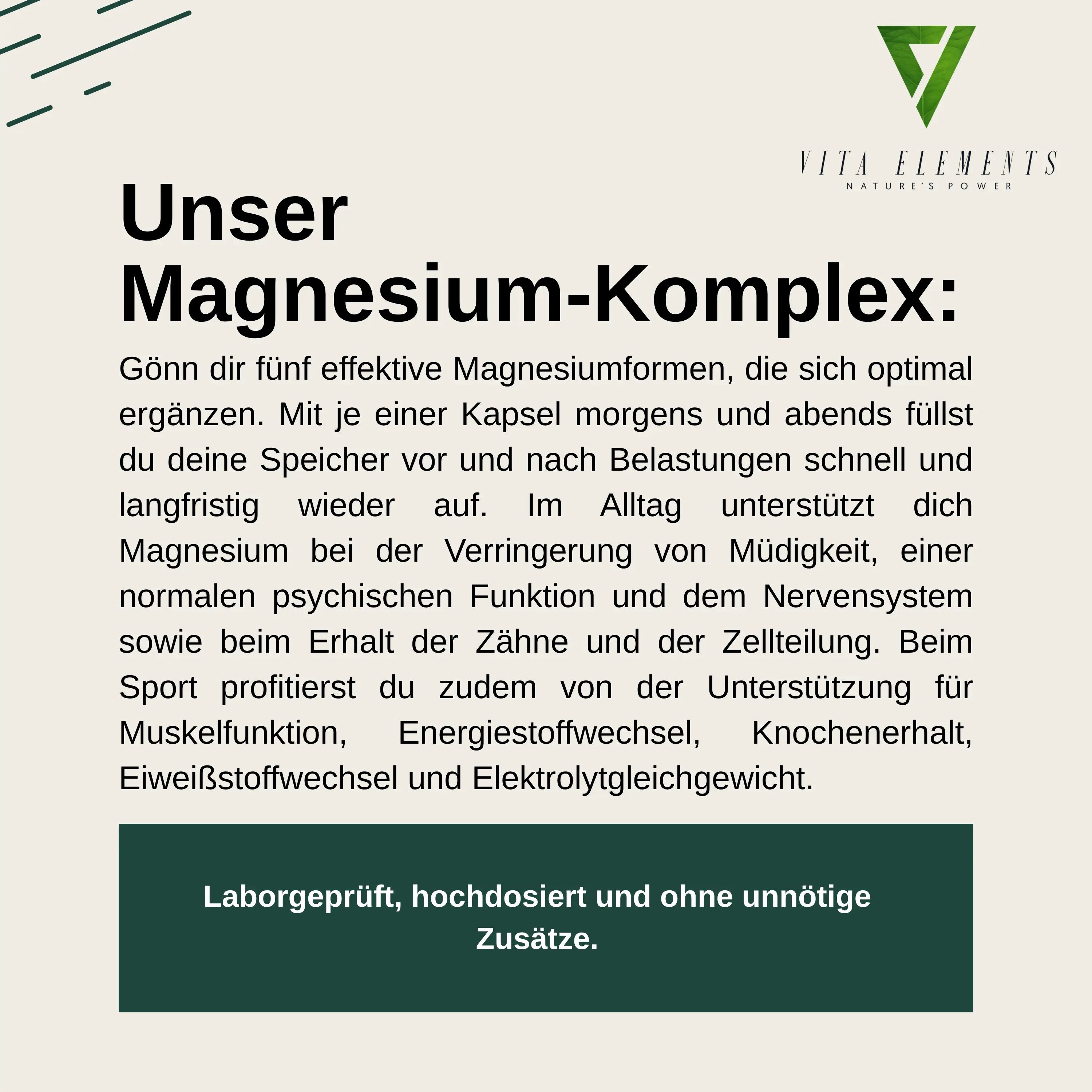 Bouteille de capsules Vita Elements Magnesium Komplex, 180 capsules, Vegan. Testé en laboratoire en Allemagne, sans additifs, sans OGM.