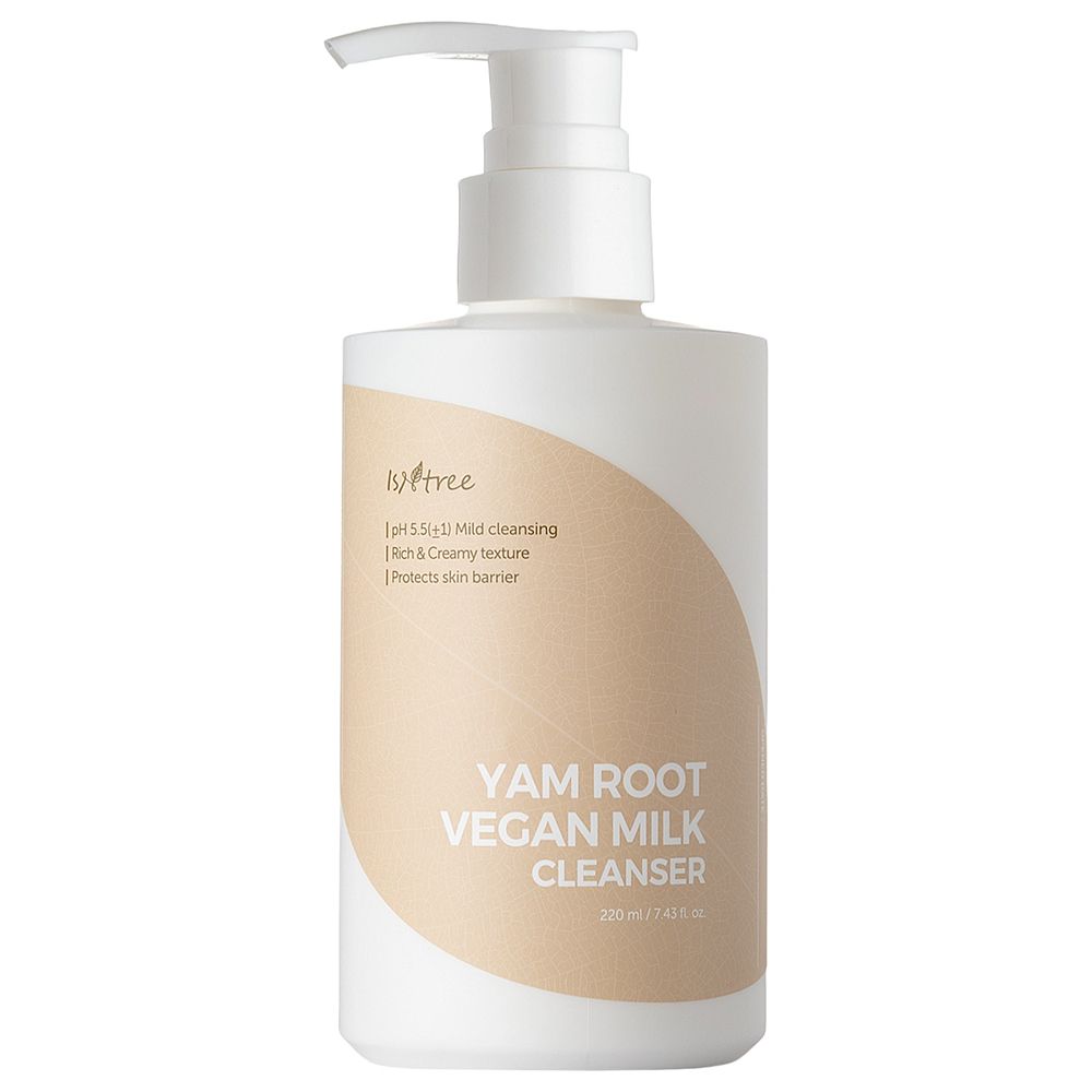 Witte pompfles met ISNTREE Yam Root Vegan Milk Cleanser. Bevat 220 ml.