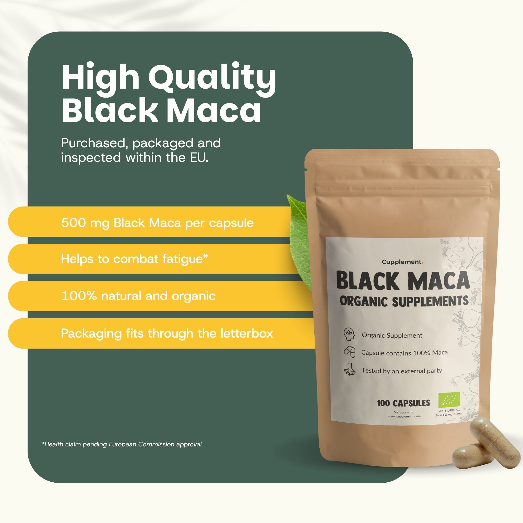 Sachet de gélules. Inscription : Black Maca Organic Supplements. 100 gélules. Deux gélules à côté. Texte sur fond vert.