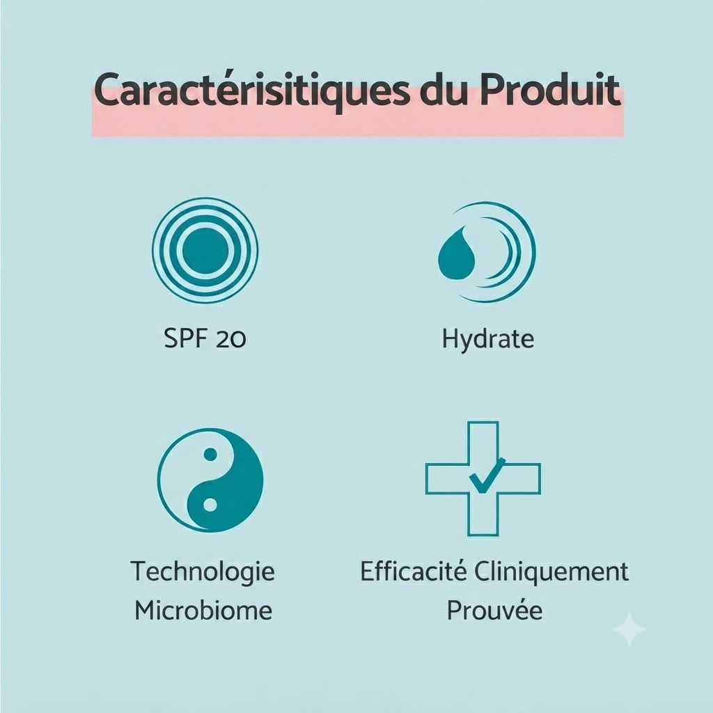 Caractéristiques du produit : SPF 20, Hydratation, Technologie Microbiome, Efficacité Cliniquement Prouvée.