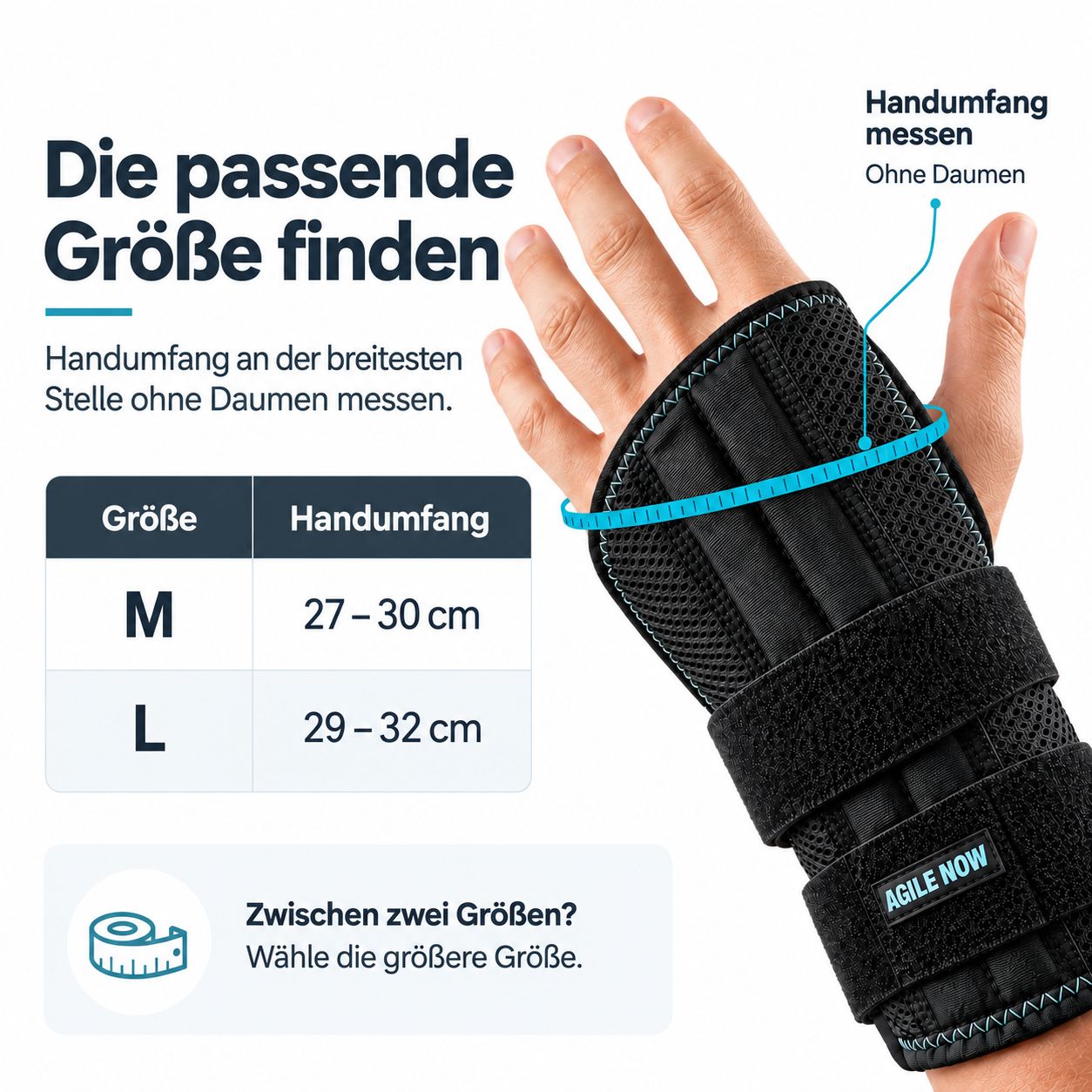 Maattabel voor polsbandages: M (27-30cm), L (29-32cm). Meetinstructies voor polsomtrek.