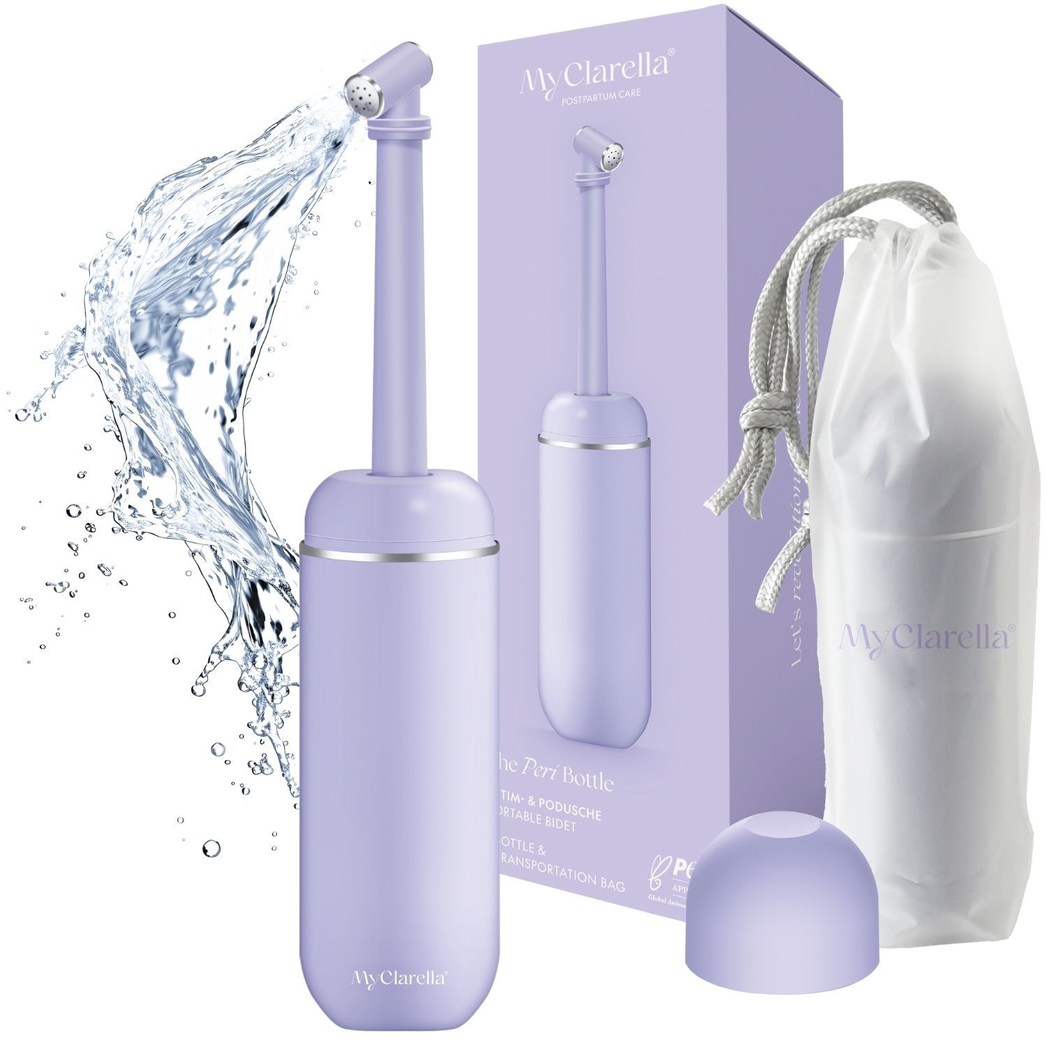 Douche intime violette avec emballage et accessoires. Jet d'eau. Label PETA. Texte: MyClarella The Peri Bottle.