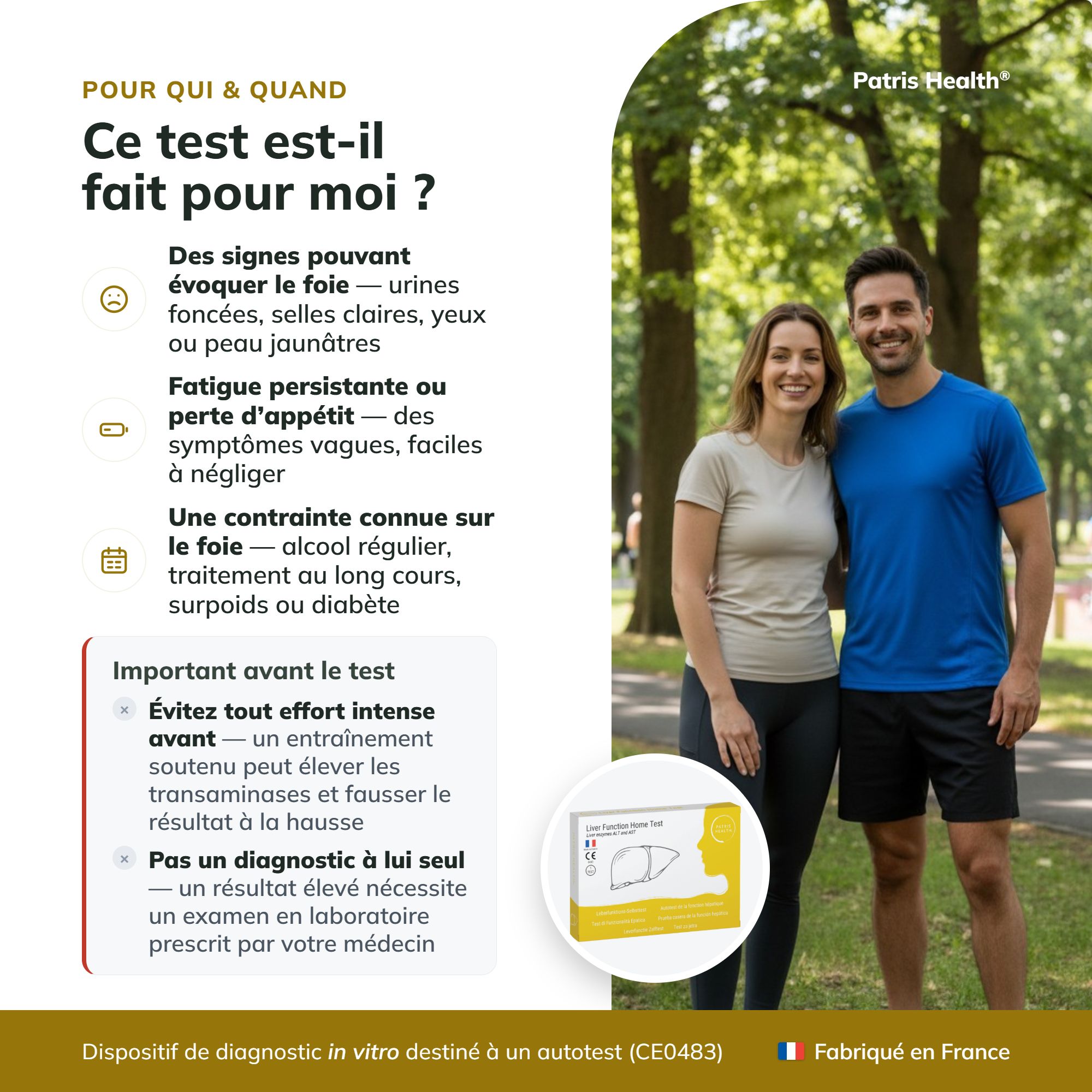 Une femme tient une boîte de test hépatique Patris Health ; le texte explique pourquoi le test est utile.