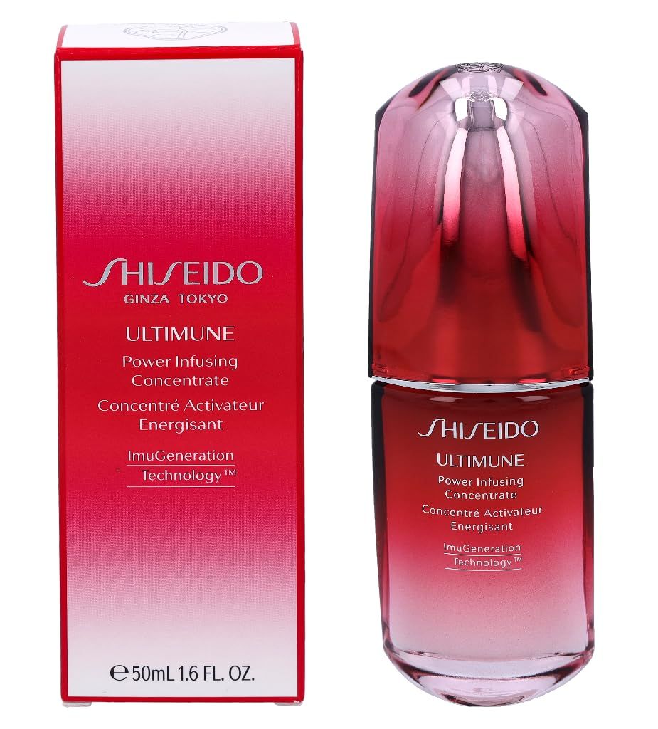 Flacon et boîte rouges. Inscription: SHISEIDO ULTIMUNE Power Infusing Concentrate. 50 ml.
