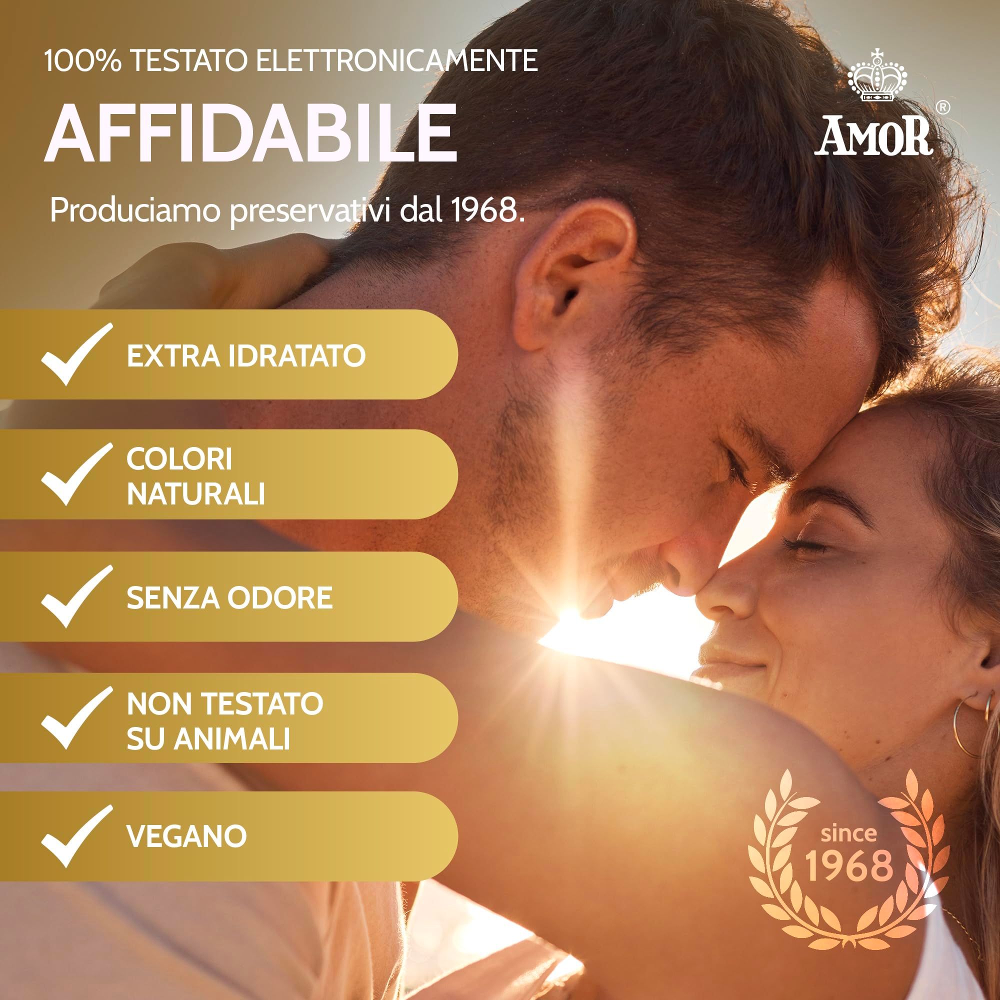 Couple s'enlace, préservatifs Amor : extra hydratés, couleurs naturelles, sans odeur, vegan.