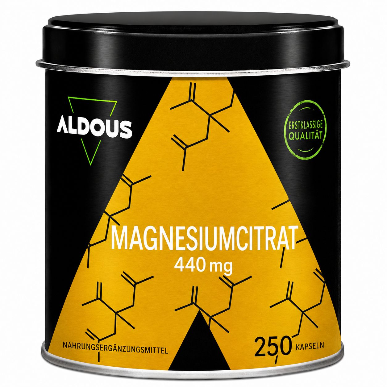 Gélules de citrate de magnésium Aldous, 250 pièces, boîte avec structure chimique.
