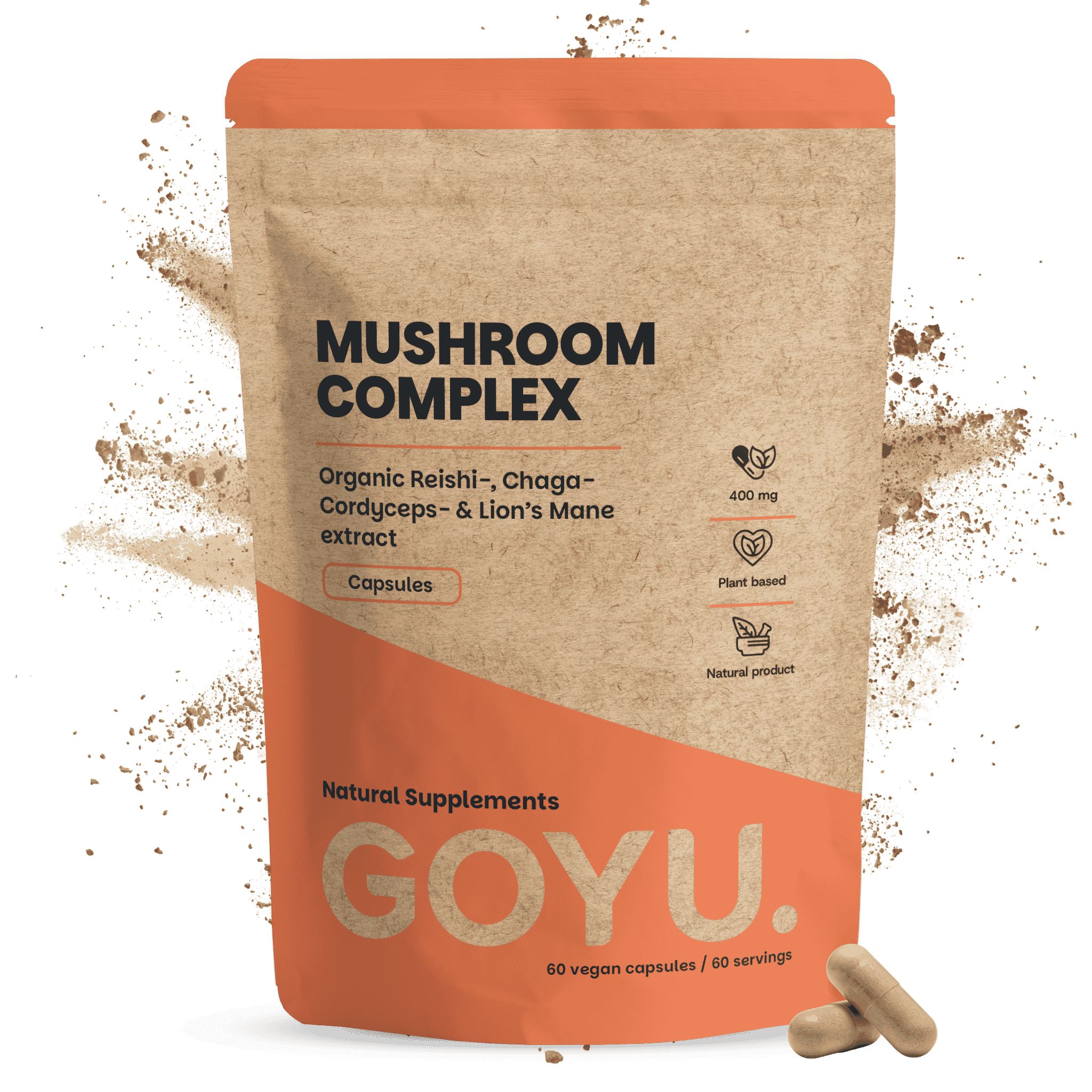 Eén verpakking GOYU Mushroom Complex capsules met Reishi, Chaga, Cordyceps en Leeuwenmanenpaddenstoel.