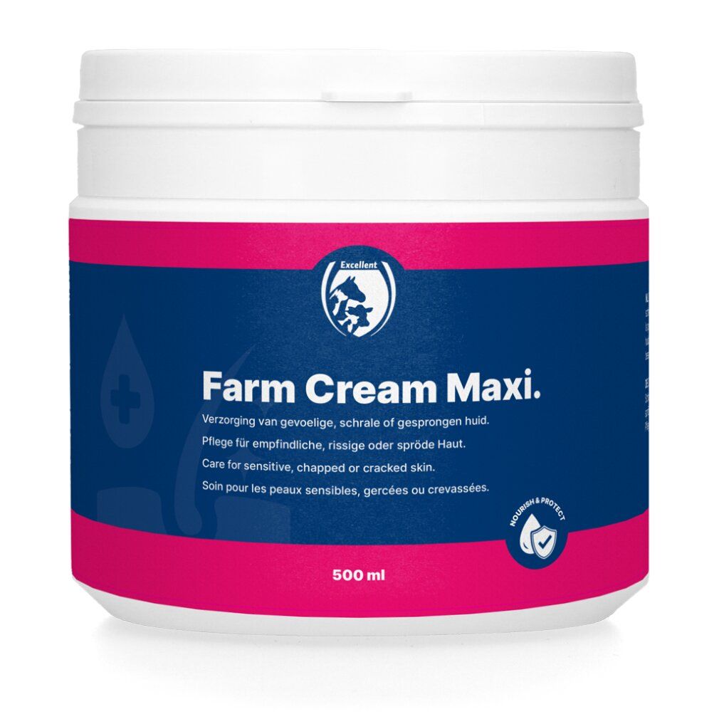 Witte pot met deksel. Opschrift: Farm Cream Maxi. Blauw veld met roze strepen. 500 ml. Product voor gevoelige huid.
