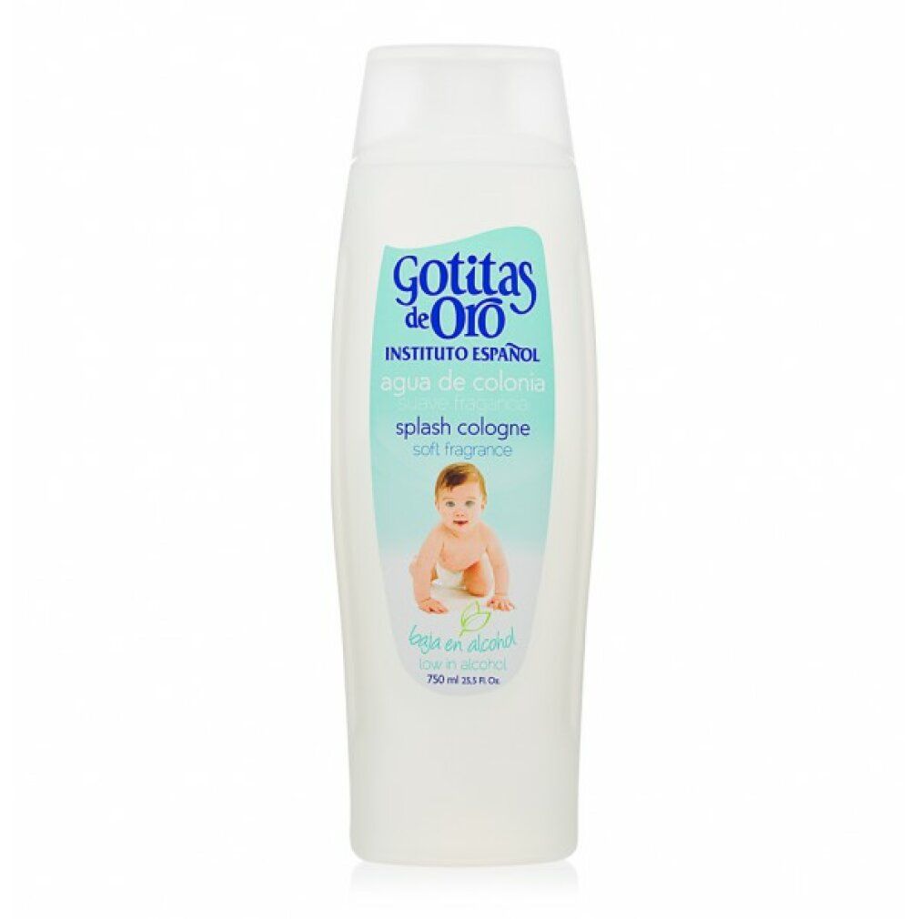 Bouteille blanche avec logo "Gotitas de Oro" et image de bébé. Splash Cologne, 750 ml.