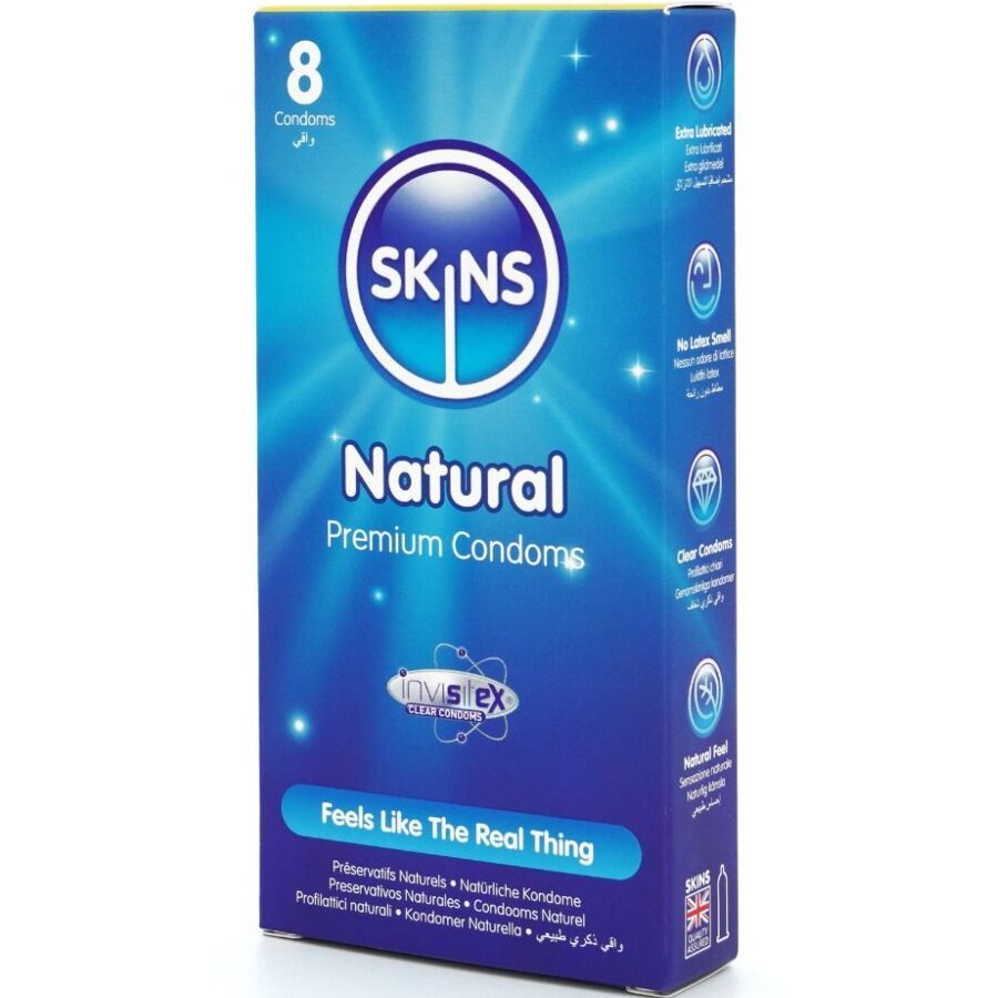 Boîte bleue et blanche de préservatifs SKINS Natural. Contient 8 préservatifs. Texte : Premium Condoms, Invisitex, Feels Like The Real Thing.
