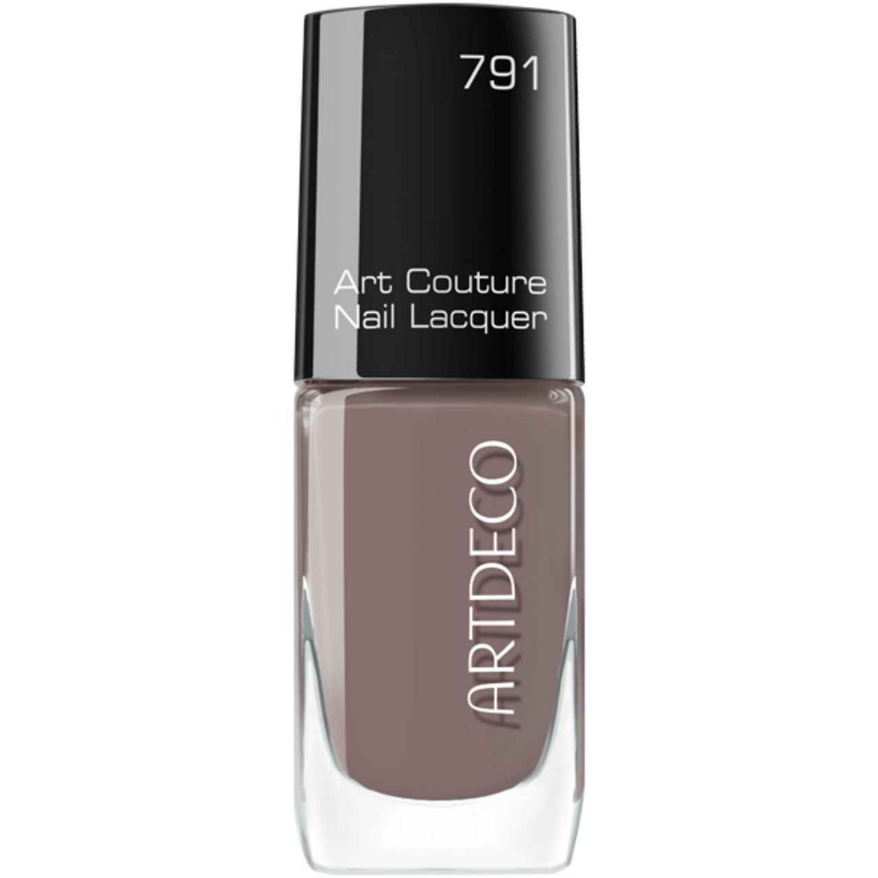 Artdeco Art Couture nagellak. Fles met bruine nagellak. Zwarte dop met opschrift 791 en productnaam. Vierkante vorm.
