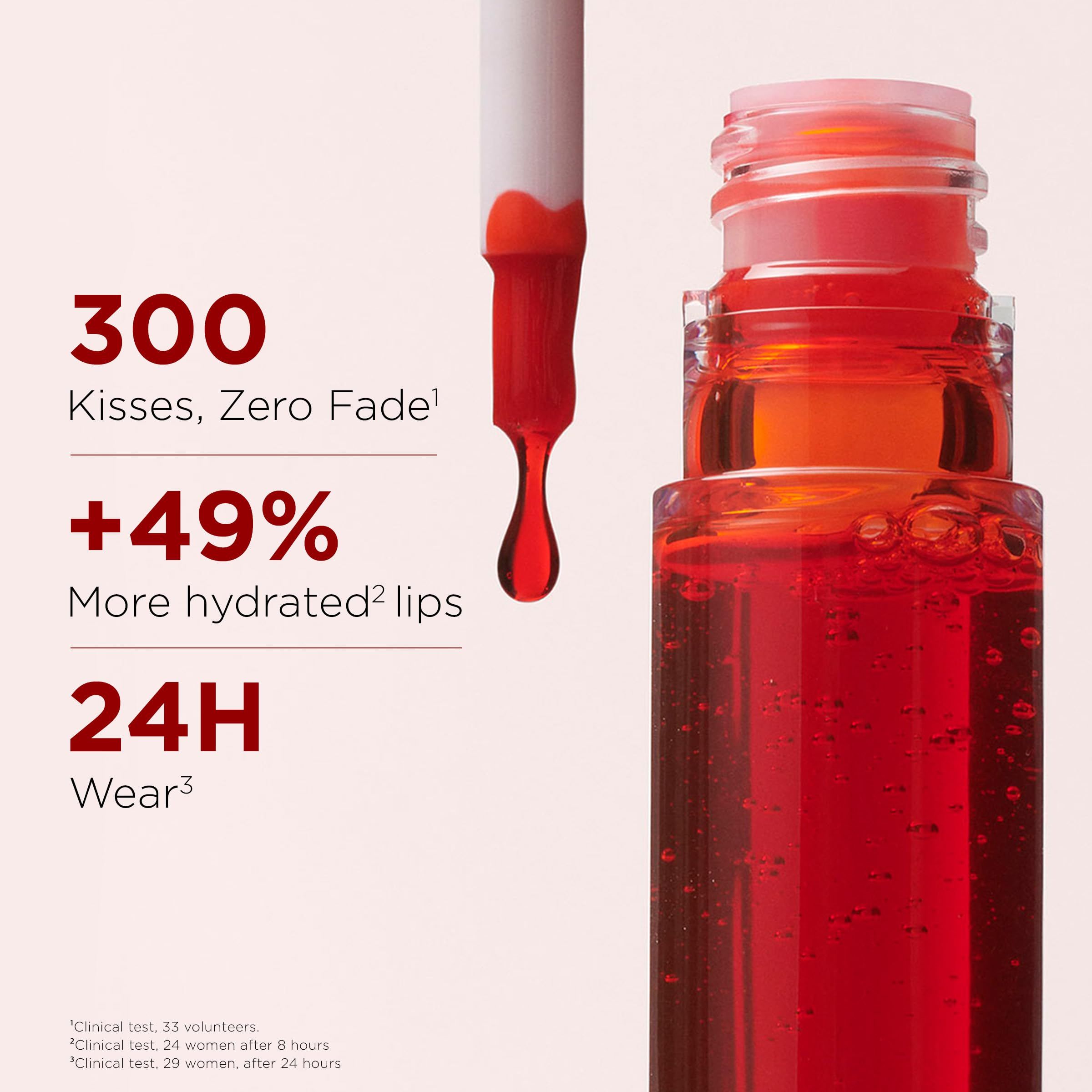 Lip stain flesje met applicator. Tekst: 300 kussen, Zero Fade, +49% meer gehydrateerde lippen, 24H Wear.