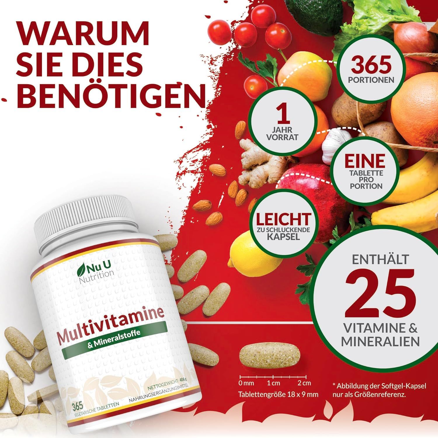 Fles met "Nu U Nutrition" logo, "Multivitamine & Mineralstoffe" en 365 tabletten. 25 vitaminen & mineralen. Fruit en groenten.