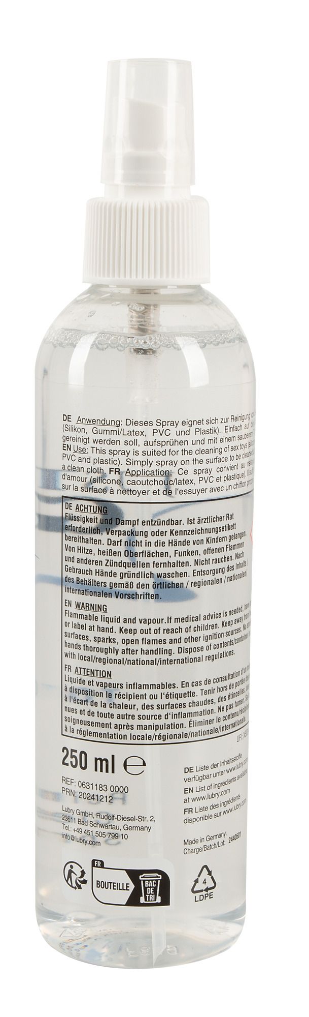 Achterkant van de Just Glide Toycleaner fles met gebruiksinstructies.