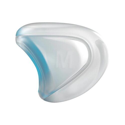 Zijaanzicht van een wit siliconen masker kussen met blauwe inzet.