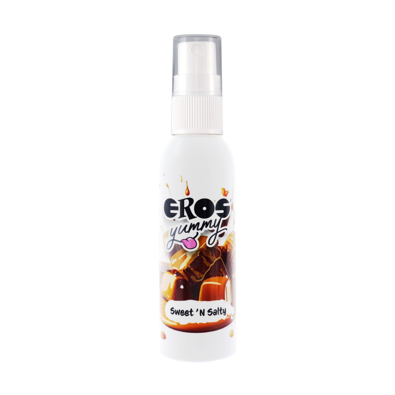 Flacon pulvérisateur blanc avec inscription 'EROS yummy Sweet 'N Salty' et image de caramel.