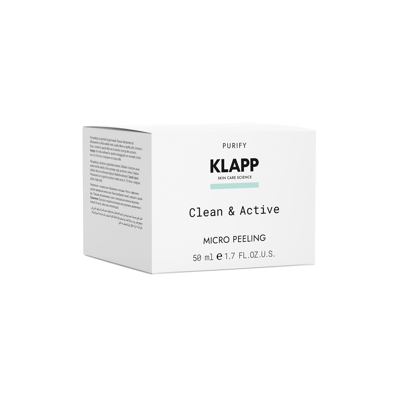 Witte productverpakking met tekst. Opschrift: KLAPP, Clean & Active Micro Peeling. 50 ml e 1.7 FL.OZ.U.S.