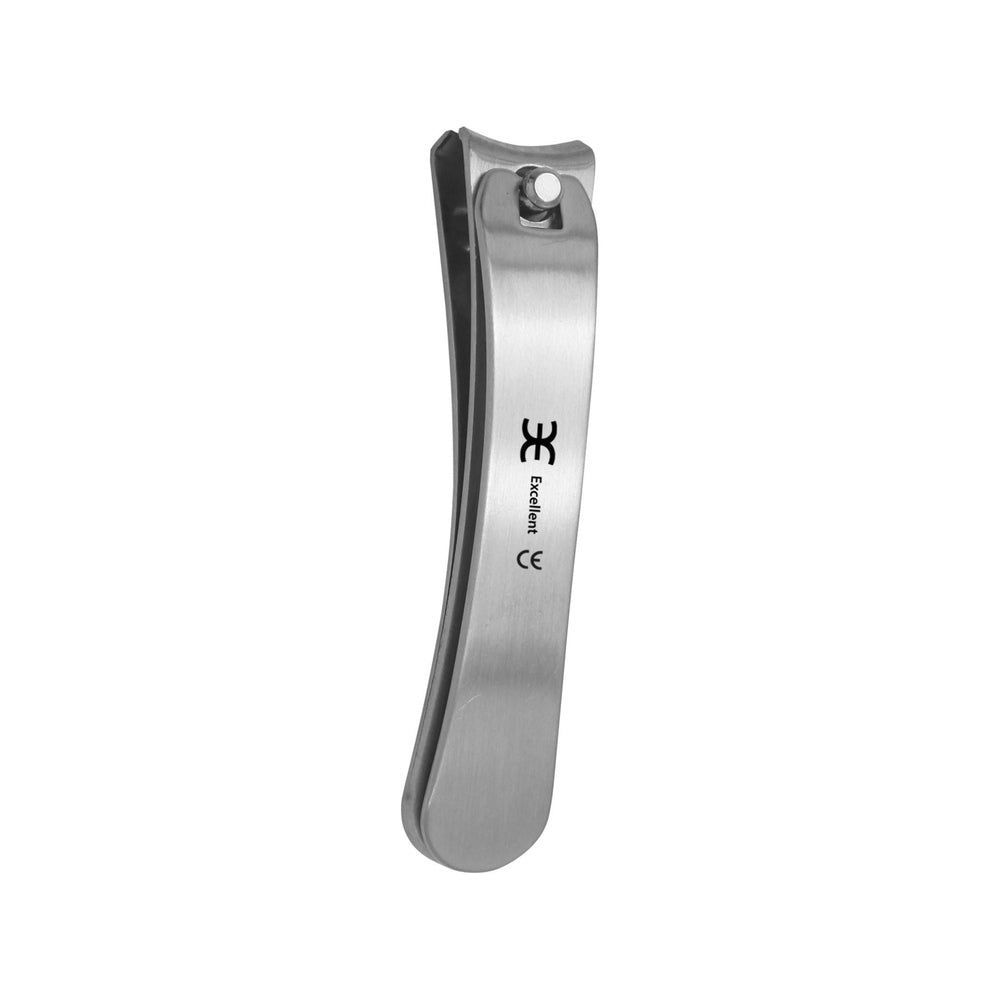 Metalen nagelknipper. Gebogen vorm met handvat. Logo en CE-markering. Zilverkleurig.