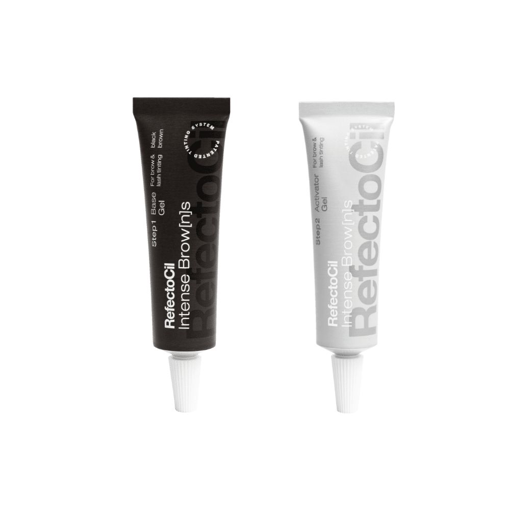 Deux tubes. Un noir, un gris. Inscription: RefectoCil Intense Brow[n]s. Tube noir: Base Gel. Tube gris: Activator Gel.