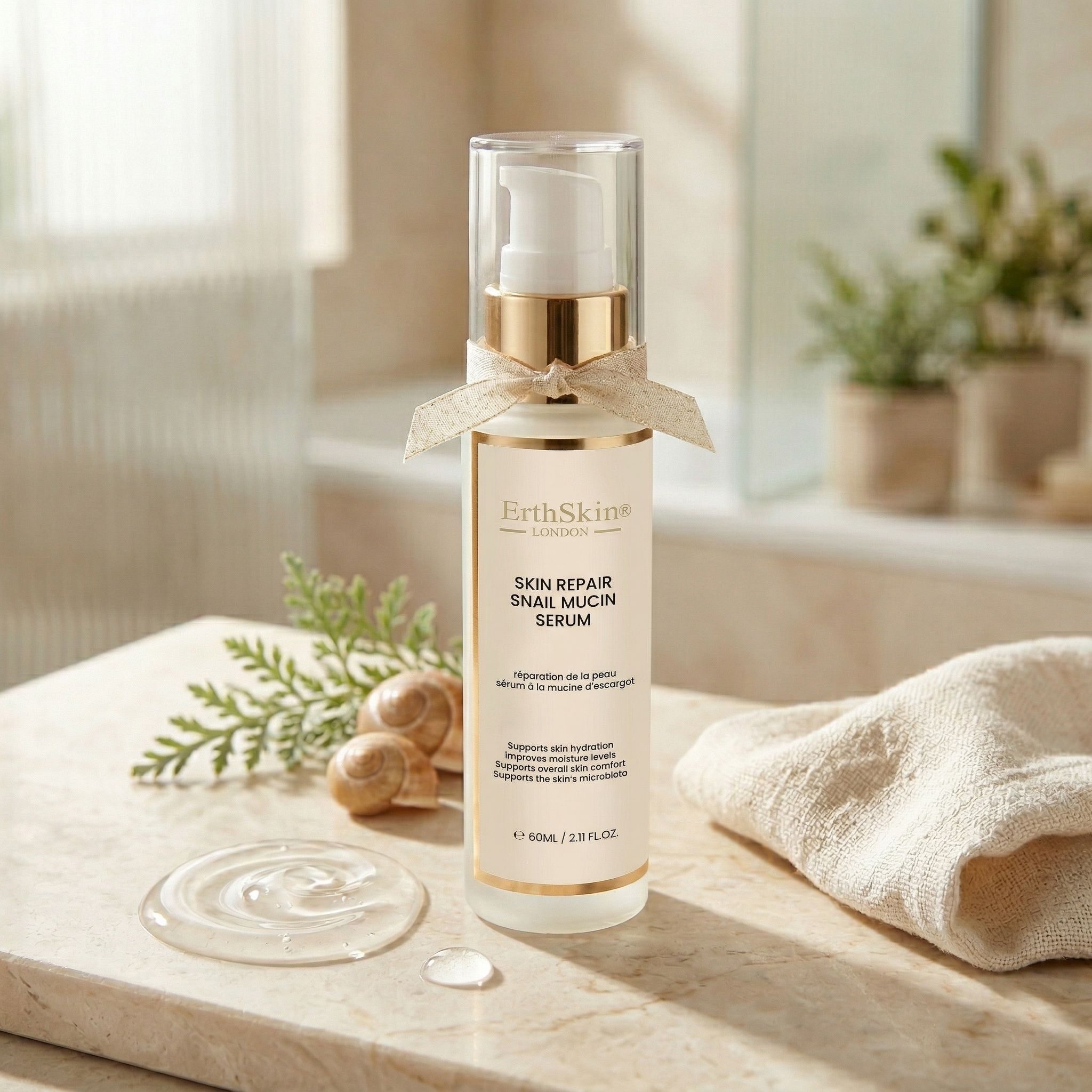 Fles met pompdos voor huidherstellend slakken slijm serum, naast slakken en planten.