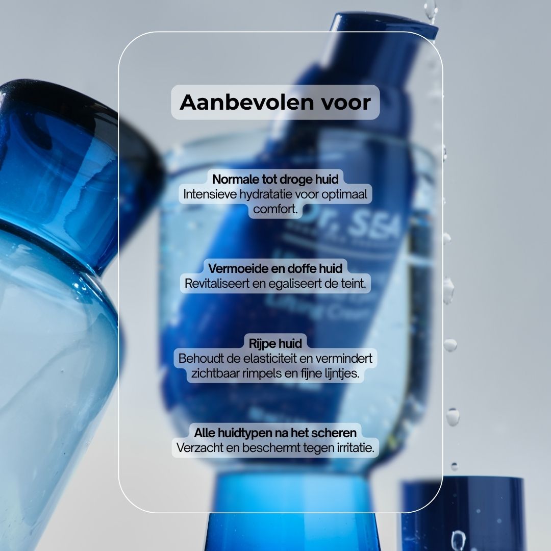 Blauwe crèmefles met tekst. Opschrift: Dr. SEA, Ultra Hydrating Face and Eyes Lifting Cream. Aanbevolen voor...