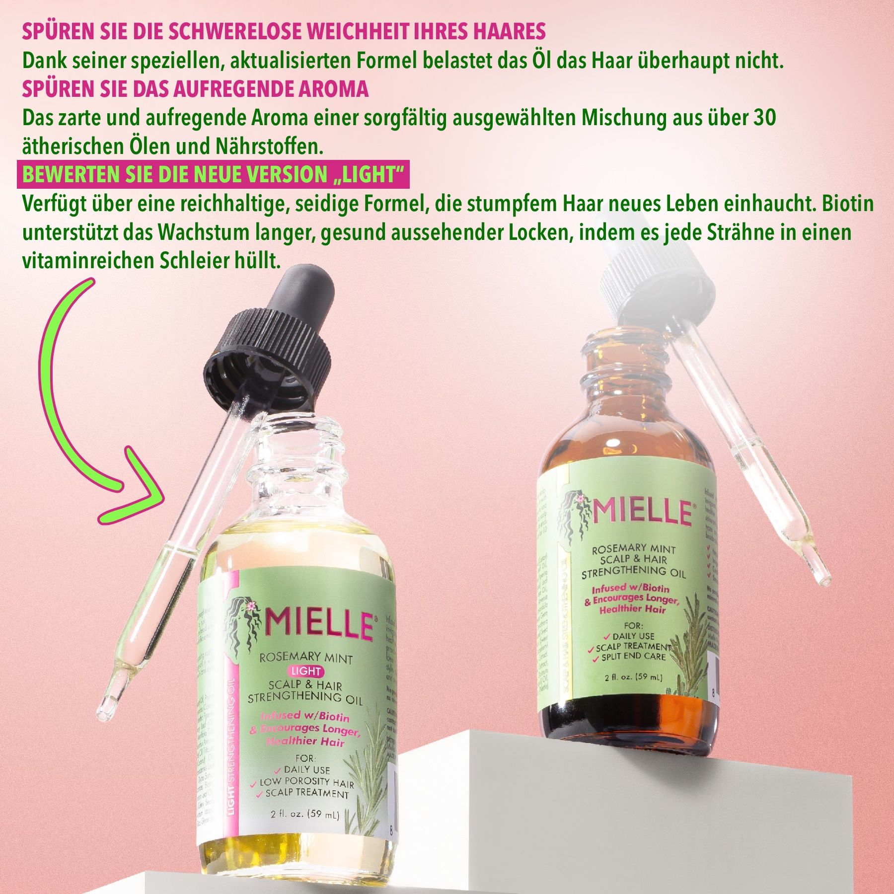 Deux flacons d'huile capillaire Mielle Organics avec pipettes. Texte: Rosemary Mint Light. Nouvelle version, formule légère, pour cheveux ternes, biotine.