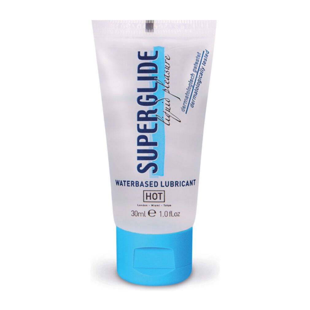 Transparante tube met blauwe dop. Opschrift: SUPERGLIDE liquid pleasure WATERBASED LUBRICANT. 30ml. HOT. Dermatologisch getest.