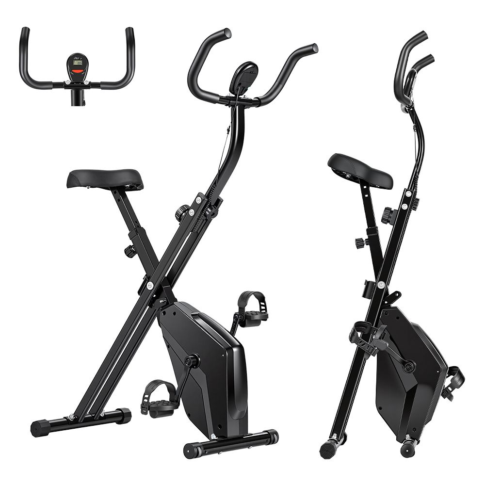 Trois vues d'un vélo d'appartement pliable noir. Selle, guidon, pédales et écran. Cadre métallique.