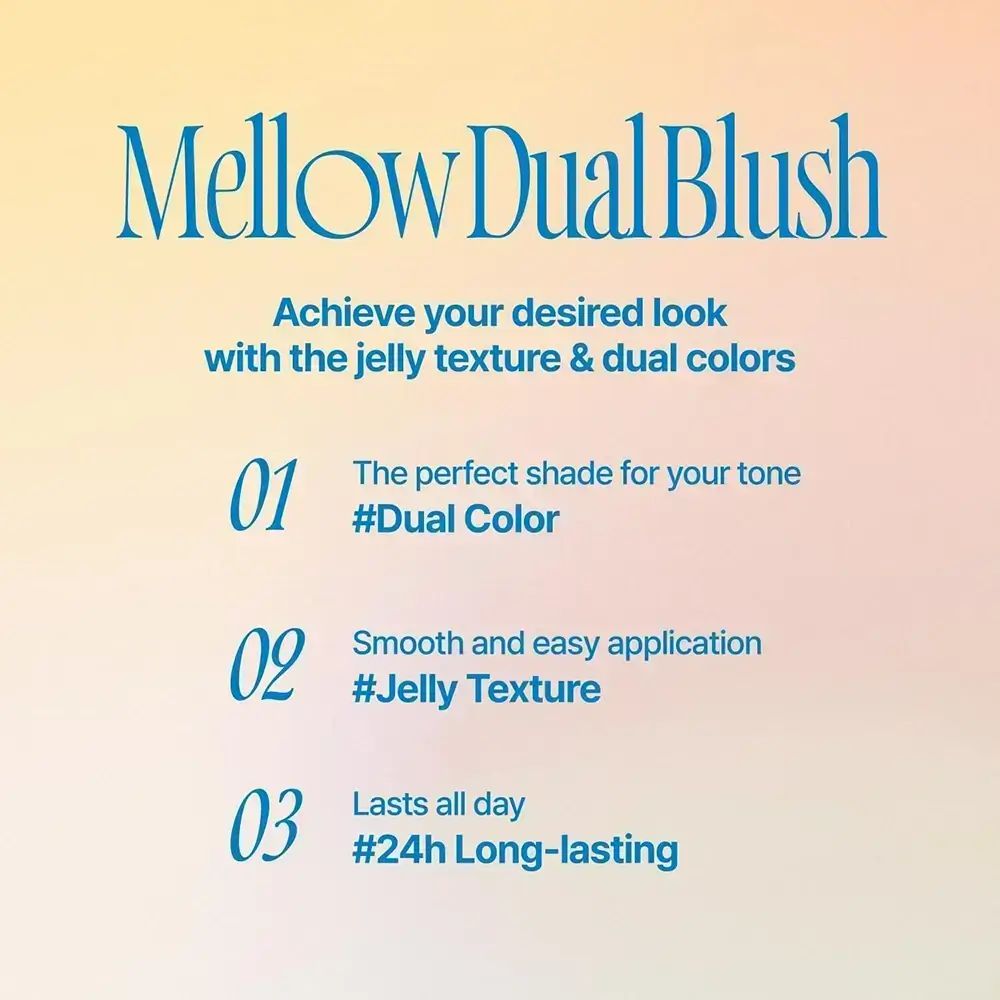 Tekstinfographic: Mellow Dual Blush. Beschrijvingen van Dual Color, Jelly Texture en 24h Long-lasting.