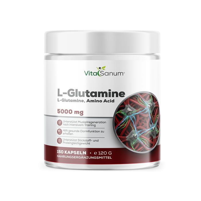 Witte pot met rood etiket. Opschrift: VitaSanum L-Glutamine, 5000 mg, 150 capsules, 120 g. Afbeelding van moleculen.