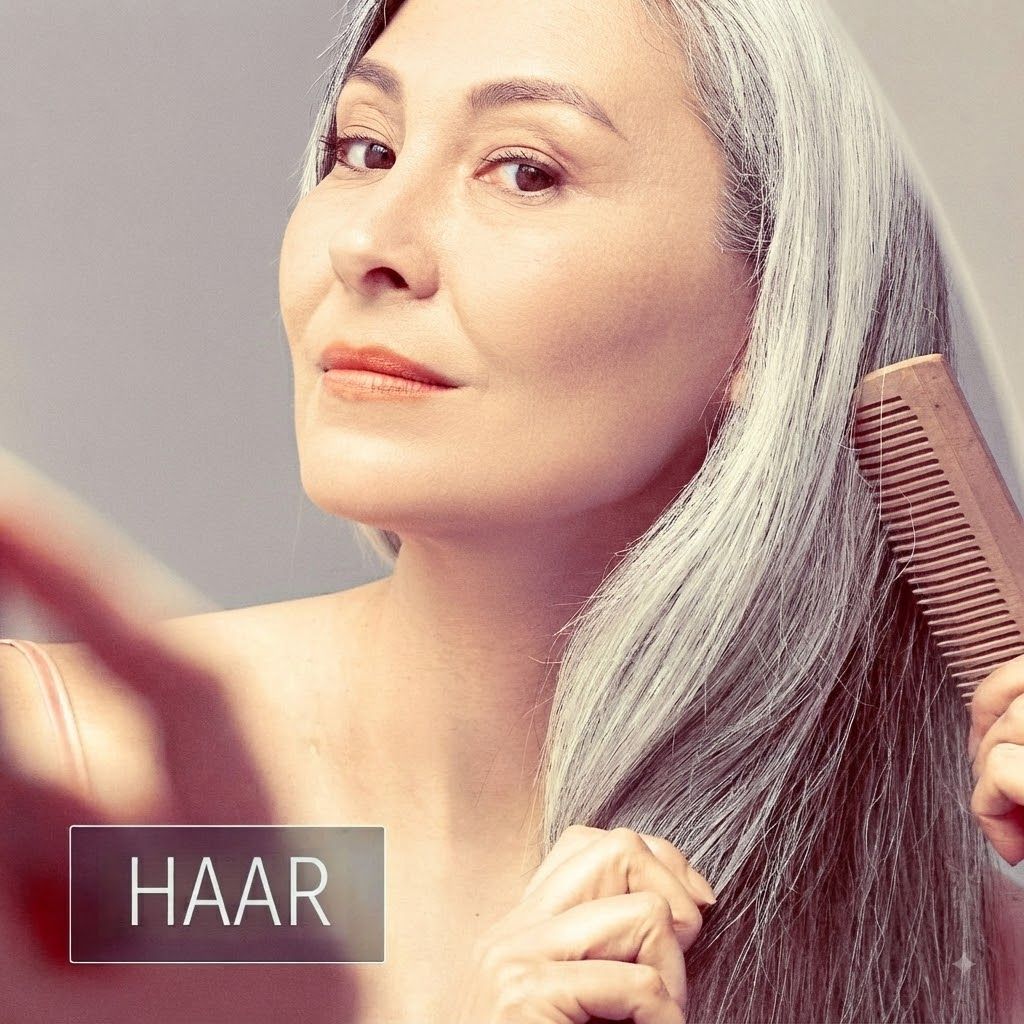 Vrouw met lang grijs haar kamt haar met een houten kam.