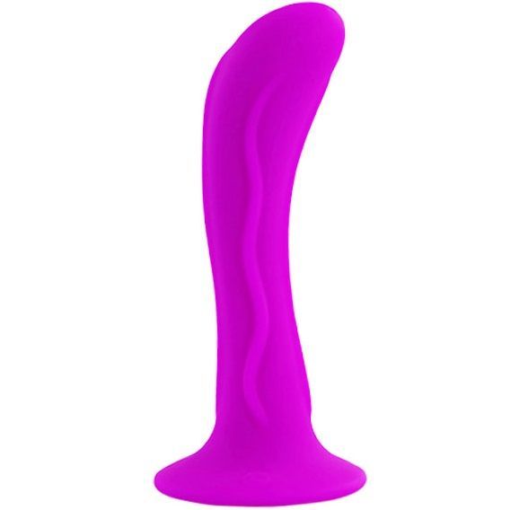 Paarse dildo met gebogen vorm en brede basis. Het oppervlak is versierd met een golvende textuur.