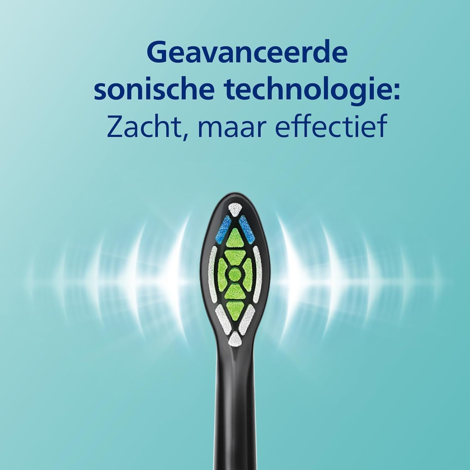 Zwarte sonische tandenborstelkop met groene, blauwe en witte borstelharen. Geluidsgolf-grafiek.