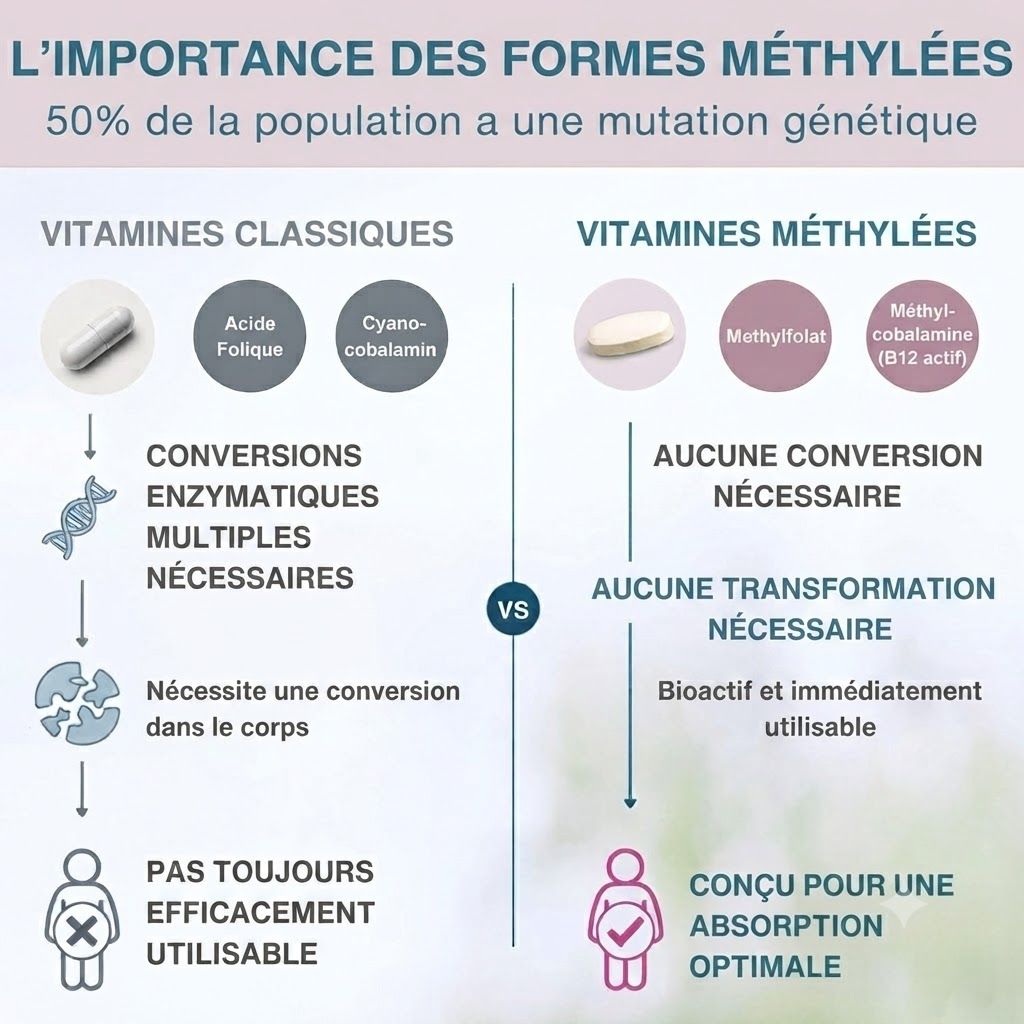 Comparaison des vitamines classiques et méthylées. Méthylfolate et méthylcobalamine.