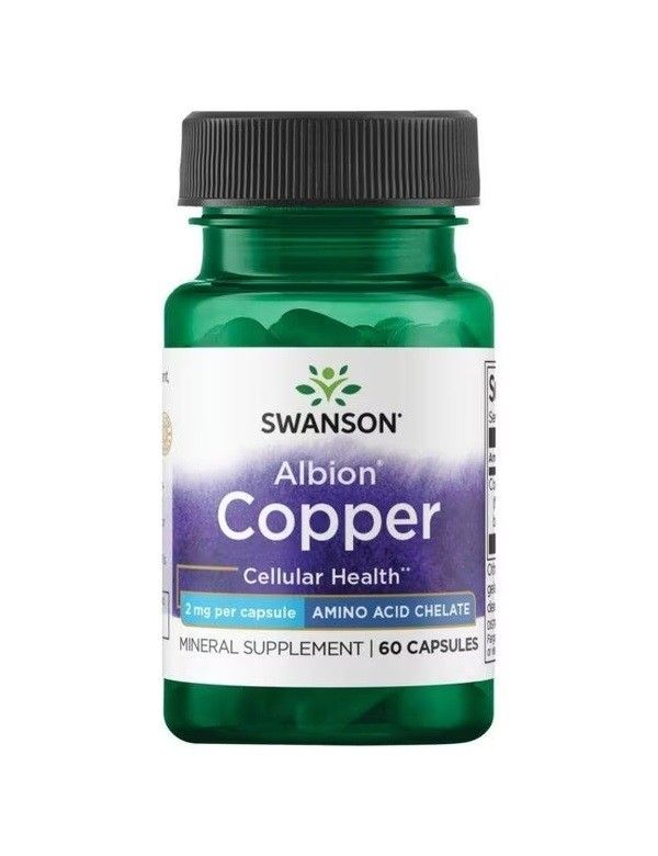 Groene fles met zwarte dop. Opschrift "SWANSON Copper". Bevat 60 capsules. Mineraalsupplement.