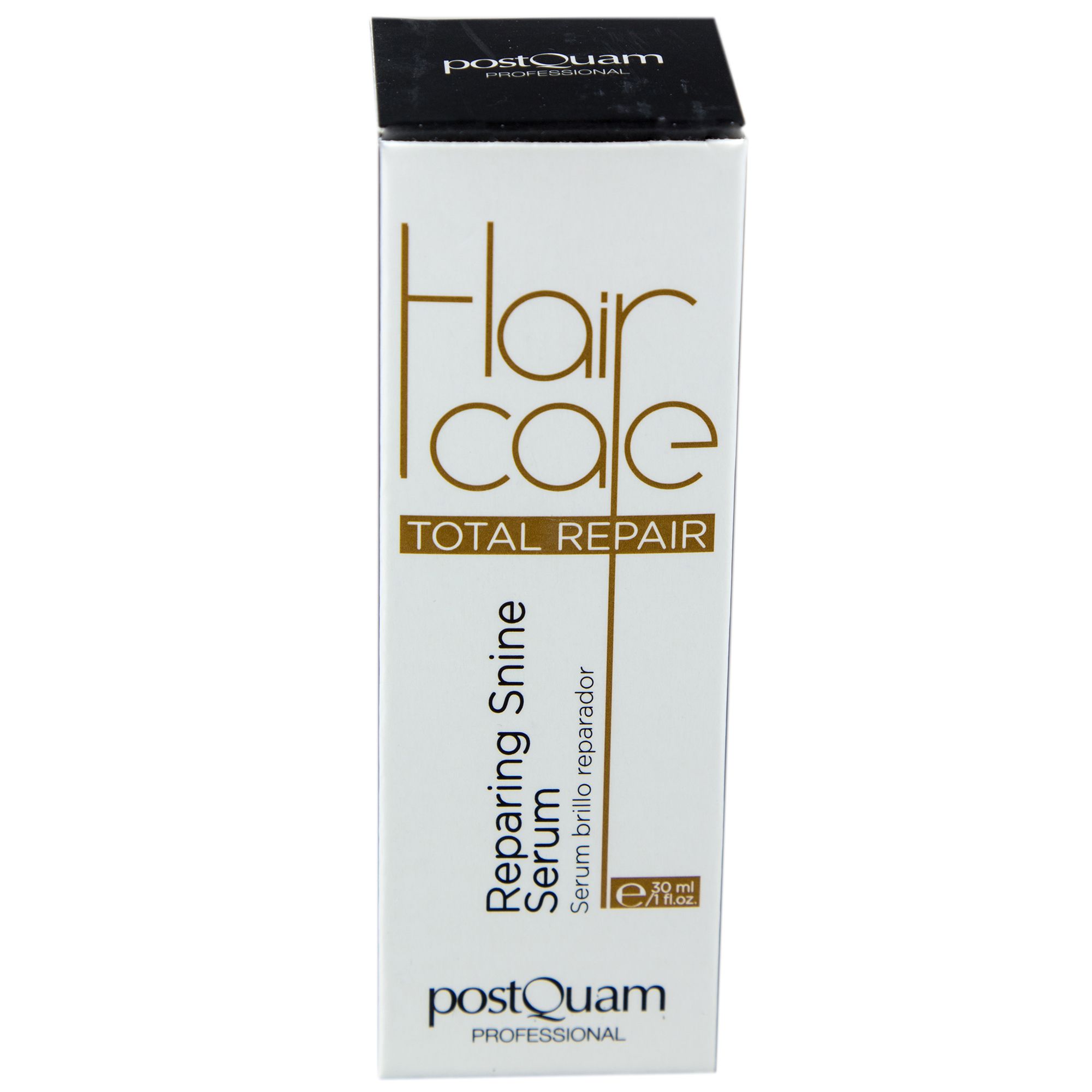 Haarserum met verpakking. Opschrift: Hair Care Total Repair, Repairing Shine Serum. Merk: Postquam Professional.