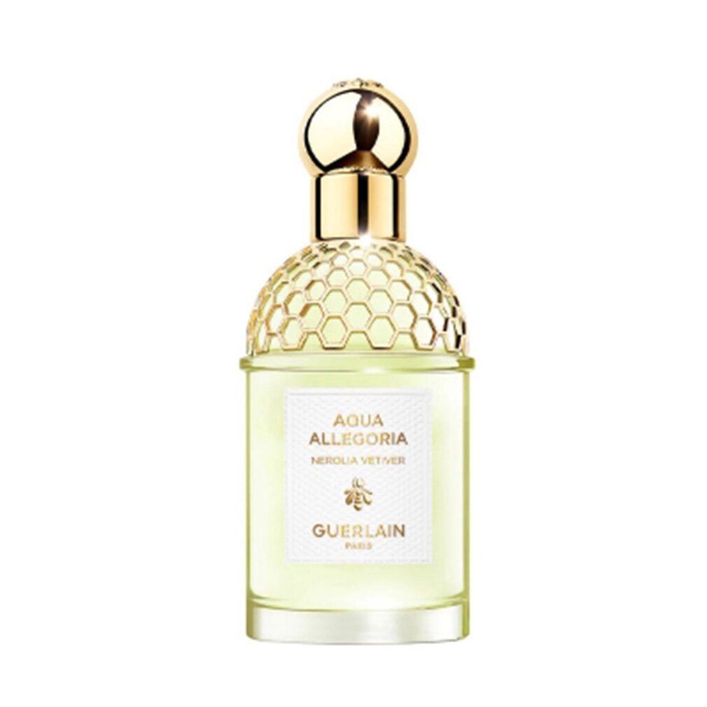 Flacon de parfum avec bouchon doré et design en nid d'abeilles. Étiquette avec texte : Aqua Allegoria Nerolia Vetiver, Guerlain.