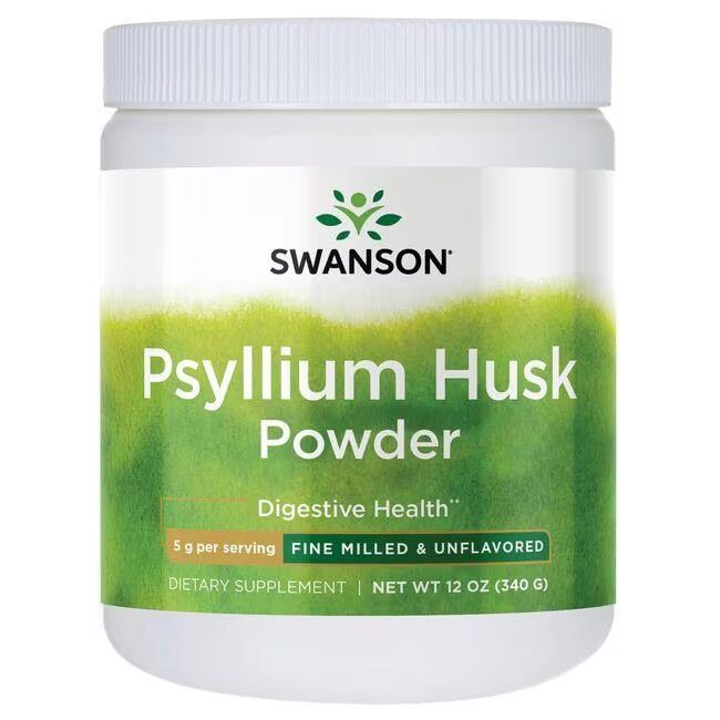 Pot blanc avec étiquette verte. Inscription: SWANSON, Psyllium Husk Powder, 5 g par portion, finement moulu & sans saveur.