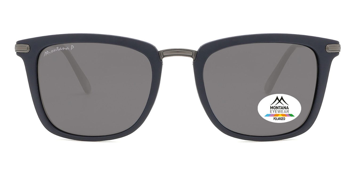 Lunettes de soleil bleu foncé avec verres gris. Logo Montana Eyewear et autocollant Polarized. Branches et détails en métal.