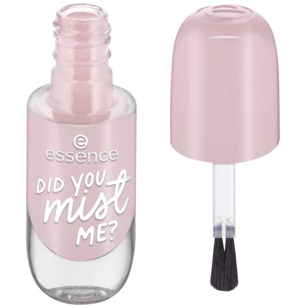 Flacon de vernis à ongles rose clair ouvert, pinceau visible. Inscription: Essence, DID YOU mist ME?