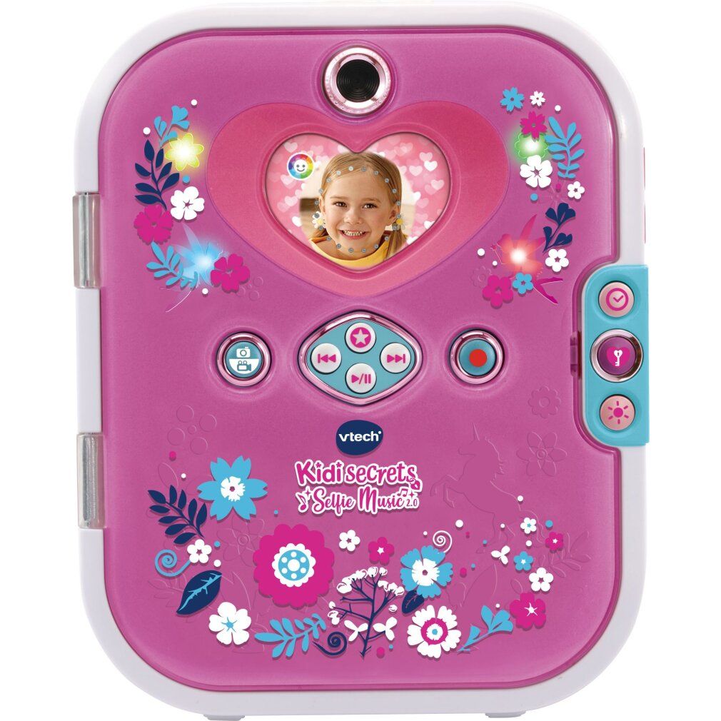 Journal VTech Kidisecrets Selfie Music 2.0 rose avec cadre photo cœur, fleurs et boutons de commande.