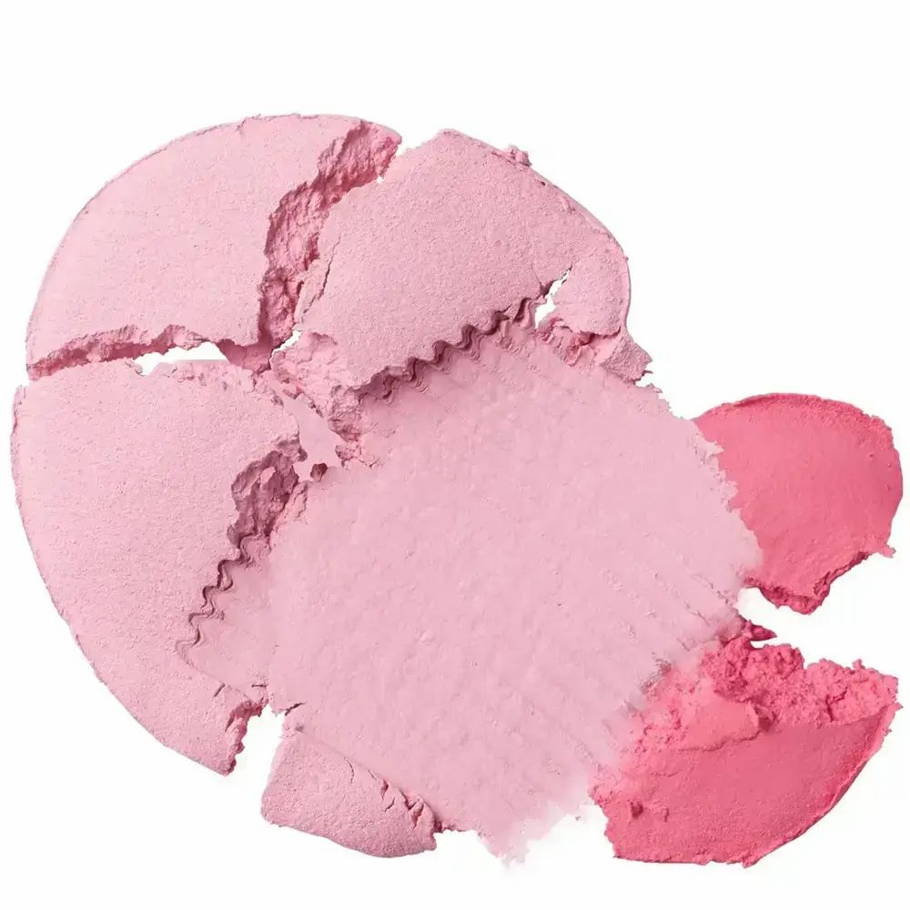 Gebroken FWEE Mellow Dual Blusher PK01. Twee tinten: lichtroze en donkerroze. Product in stukken.