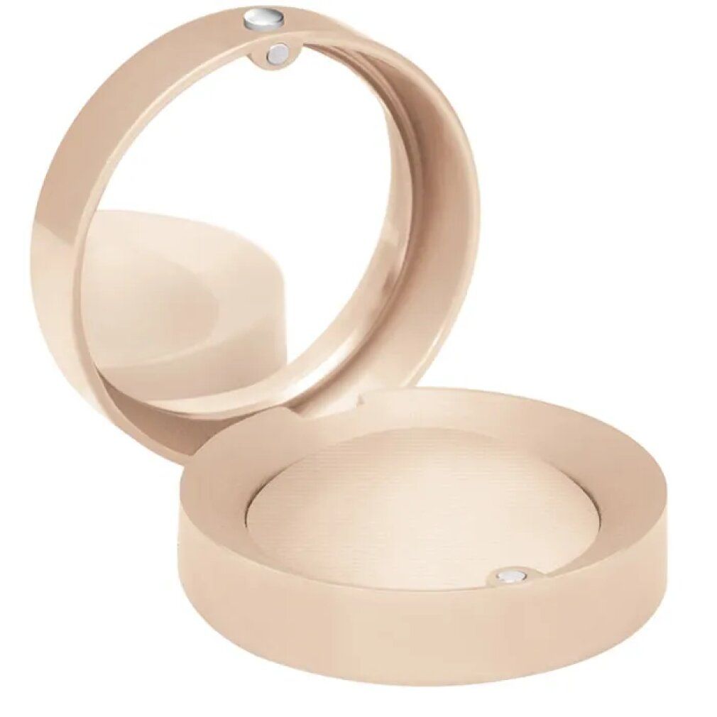 Boîtier de fard à paupières rond beige avec miroir. Couvercle ouvert, fard visible. Fermeture magnétique.